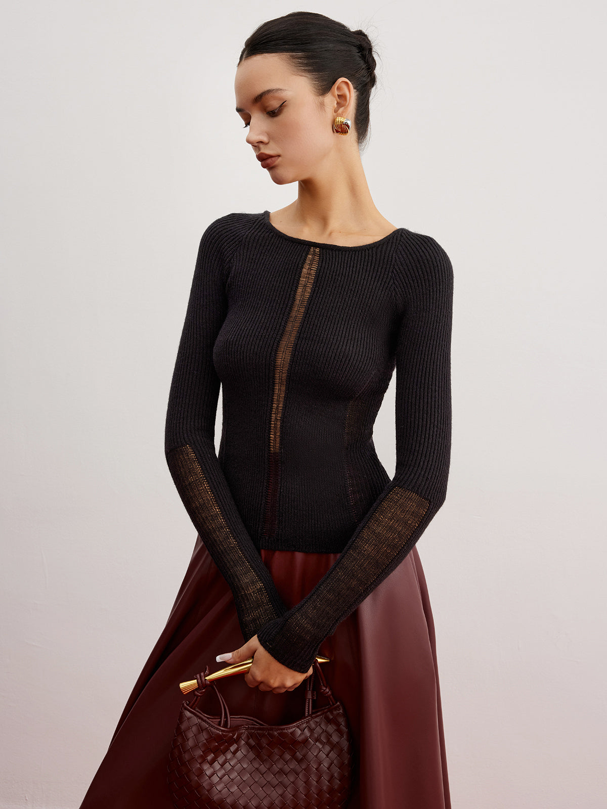 Sheer Panel Ribbed Slim Sweater