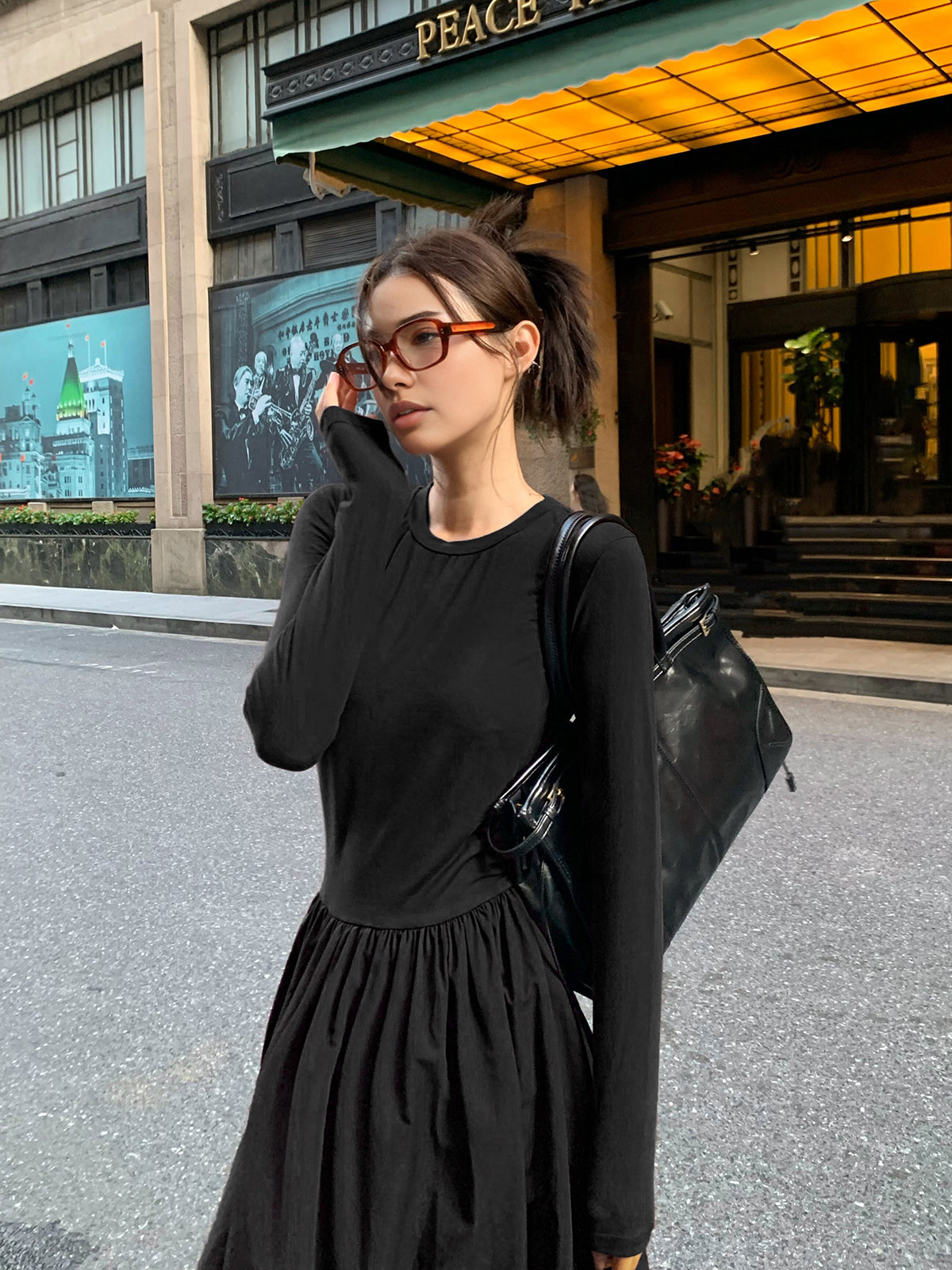 Plain Long Sleeve Pleated Dress