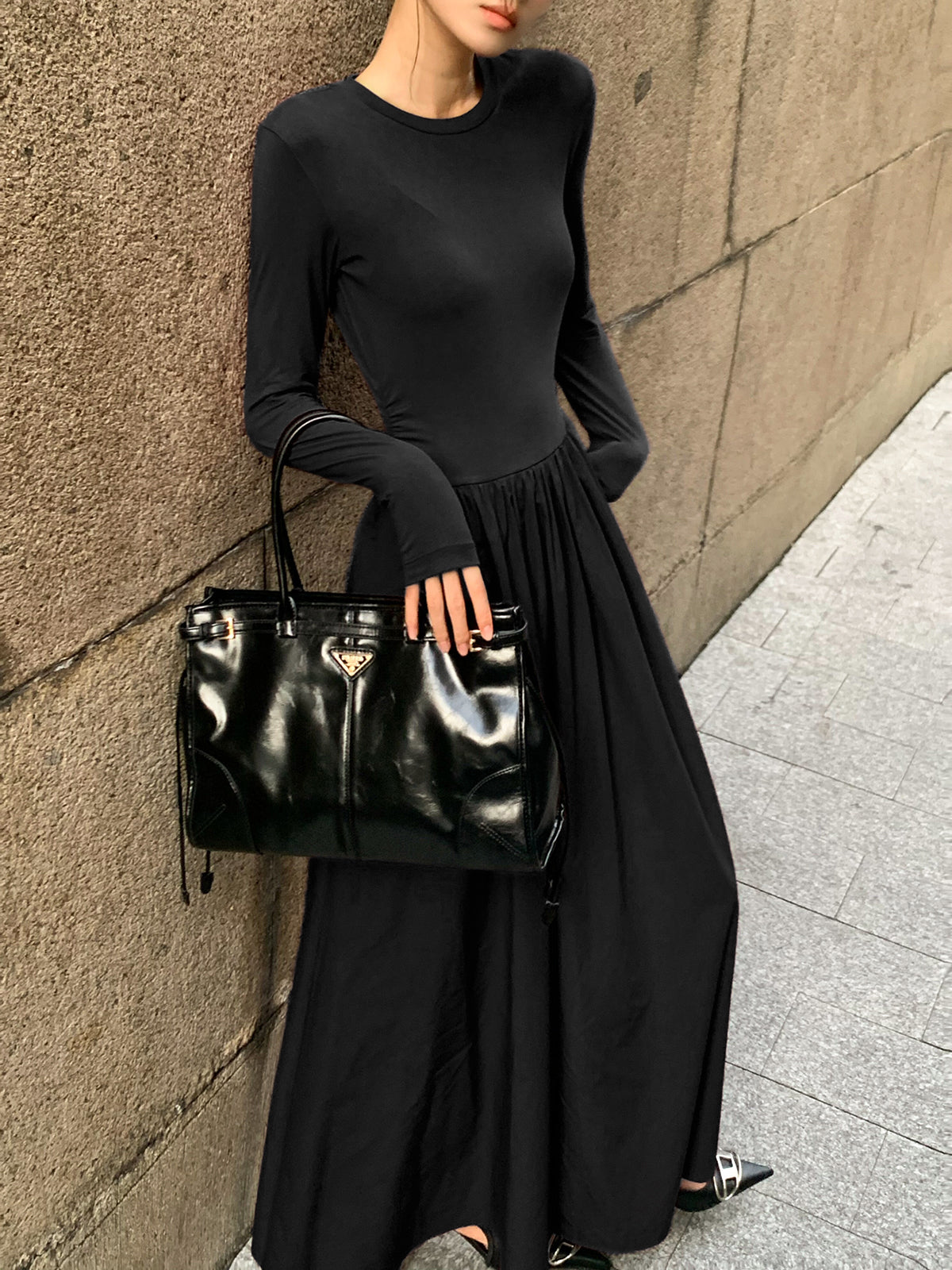 Plain Long Sleeve Pleated Dress