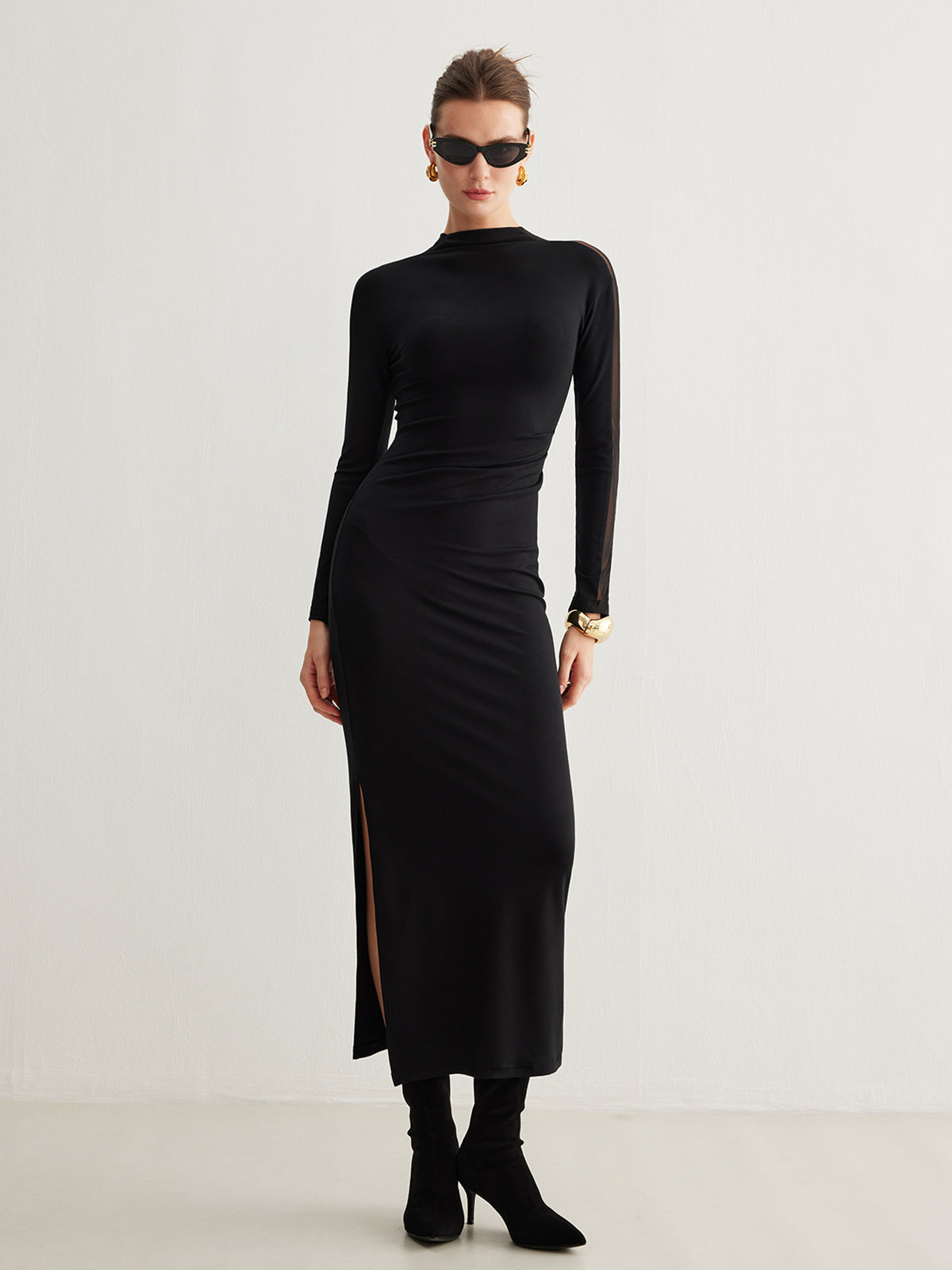 Tulle-Sleeve Plain Slim Dress