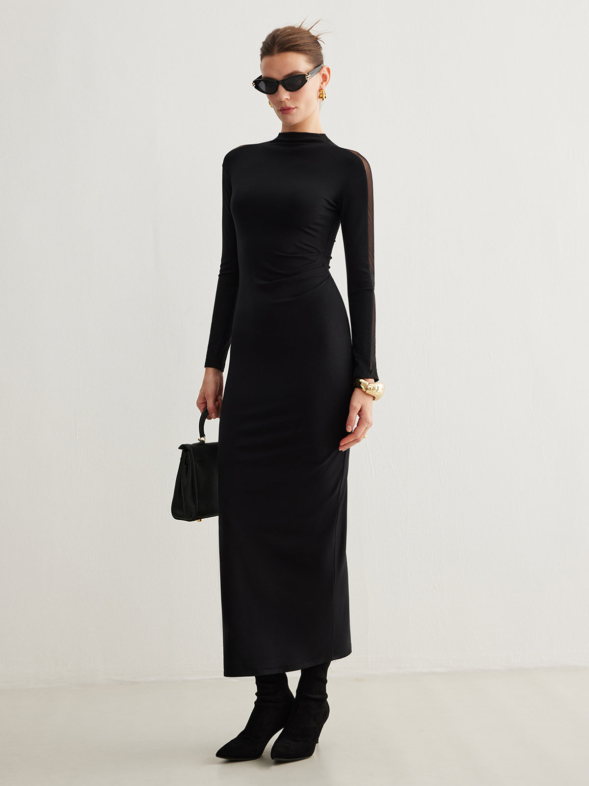 Tulle-Sleeve Plain Slim Dress