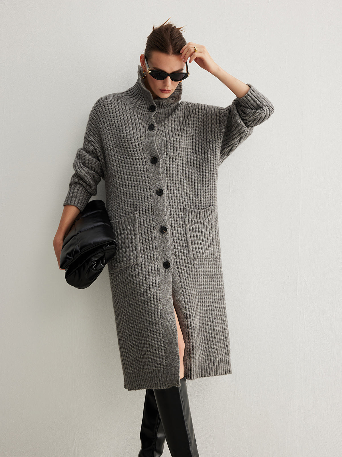 Ribbed Button Knit Long Outerwear