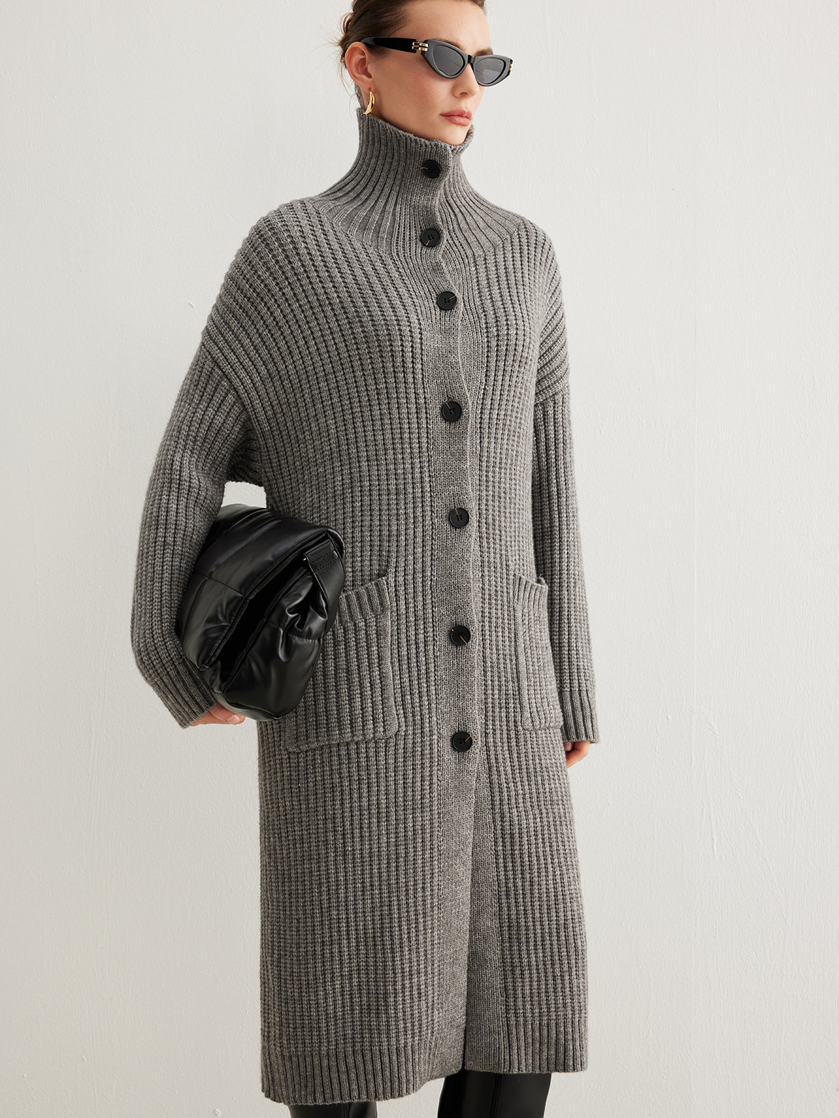 Ribbed Button Knit Long Outerwear