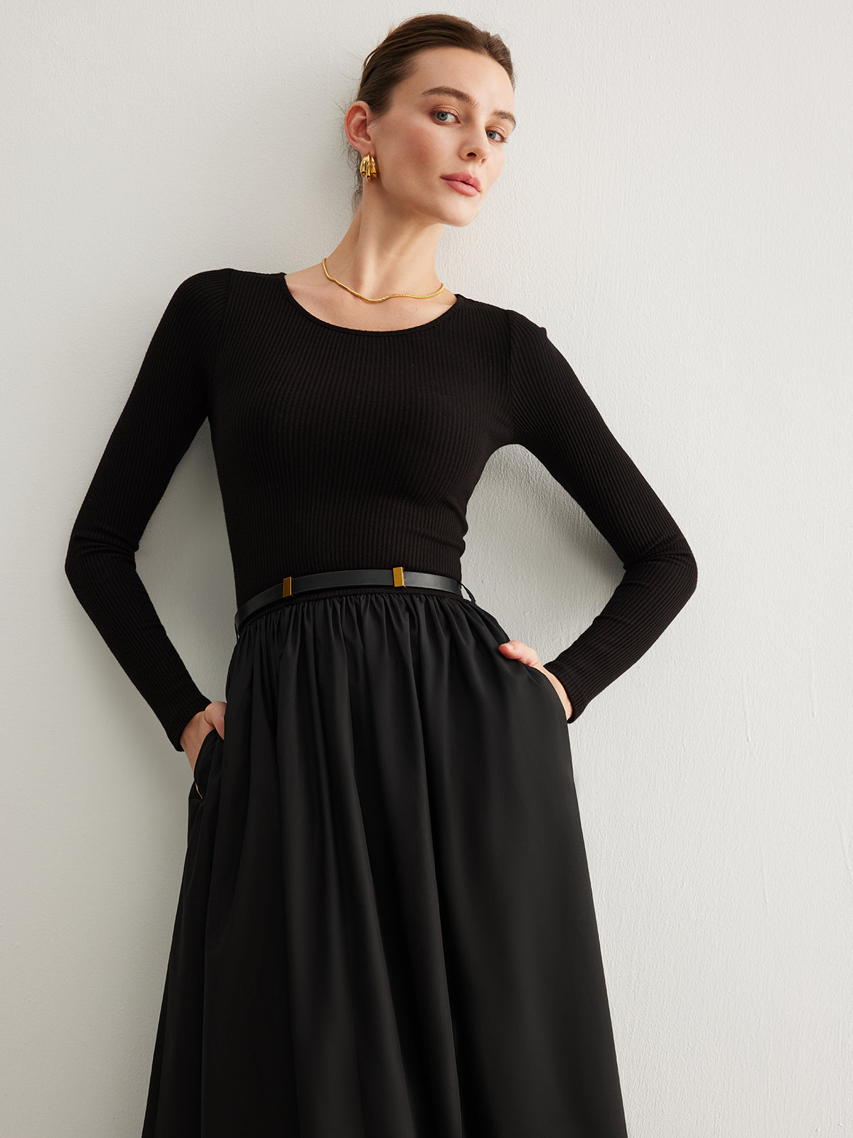 Plain Belted Pleated Panel Dress