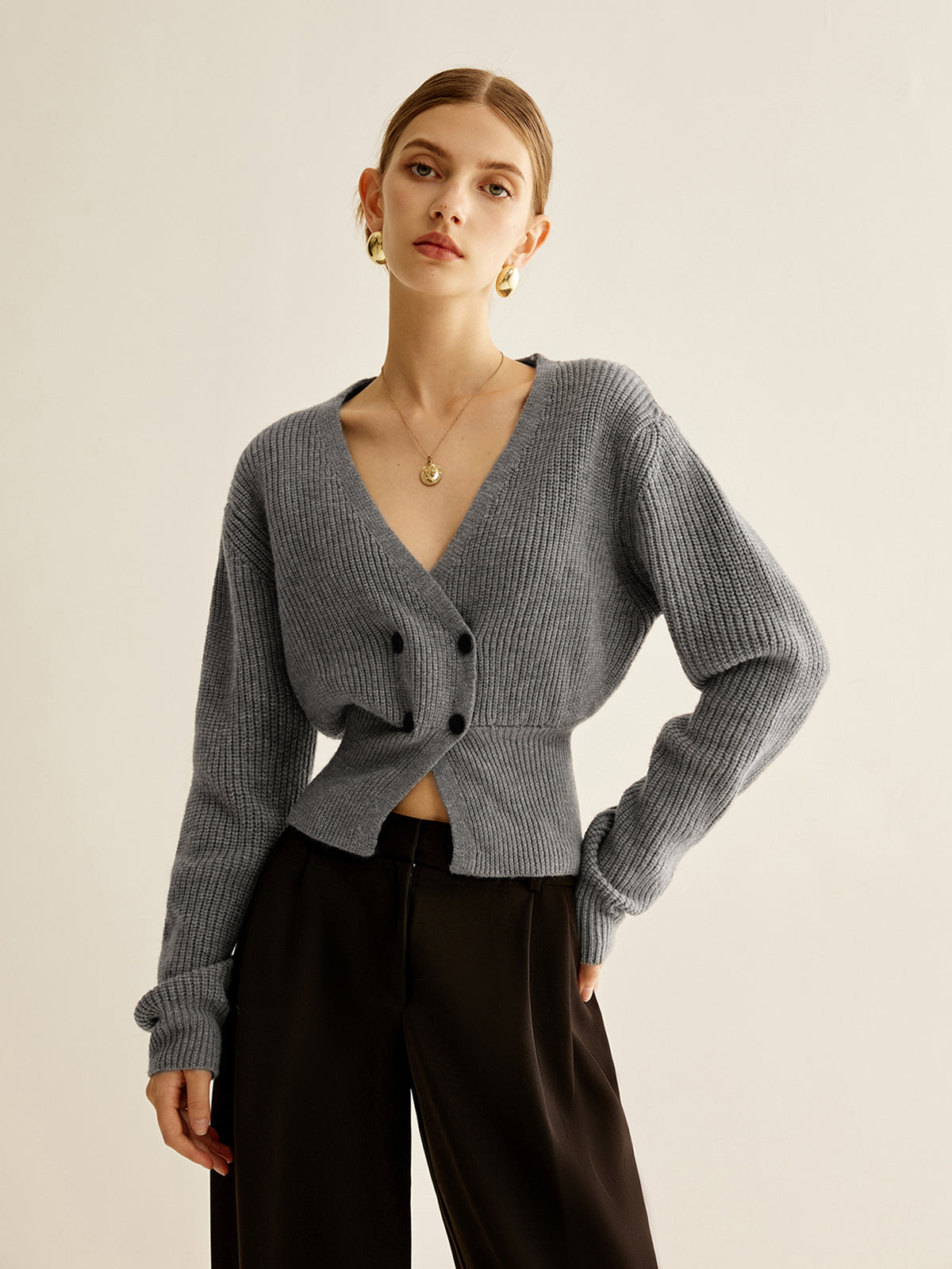 V-Neck Button Cinched Cardigan