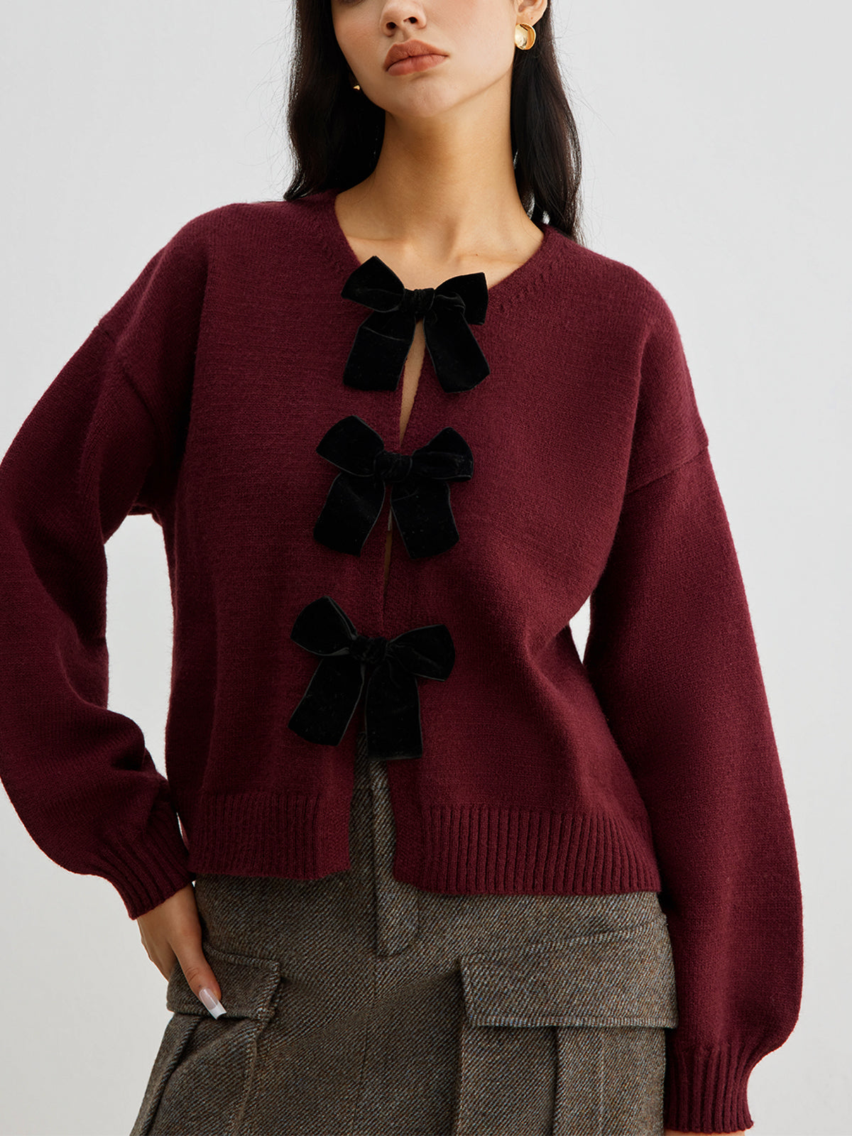 Velvet-Bow Lantern Sleeve Sweater