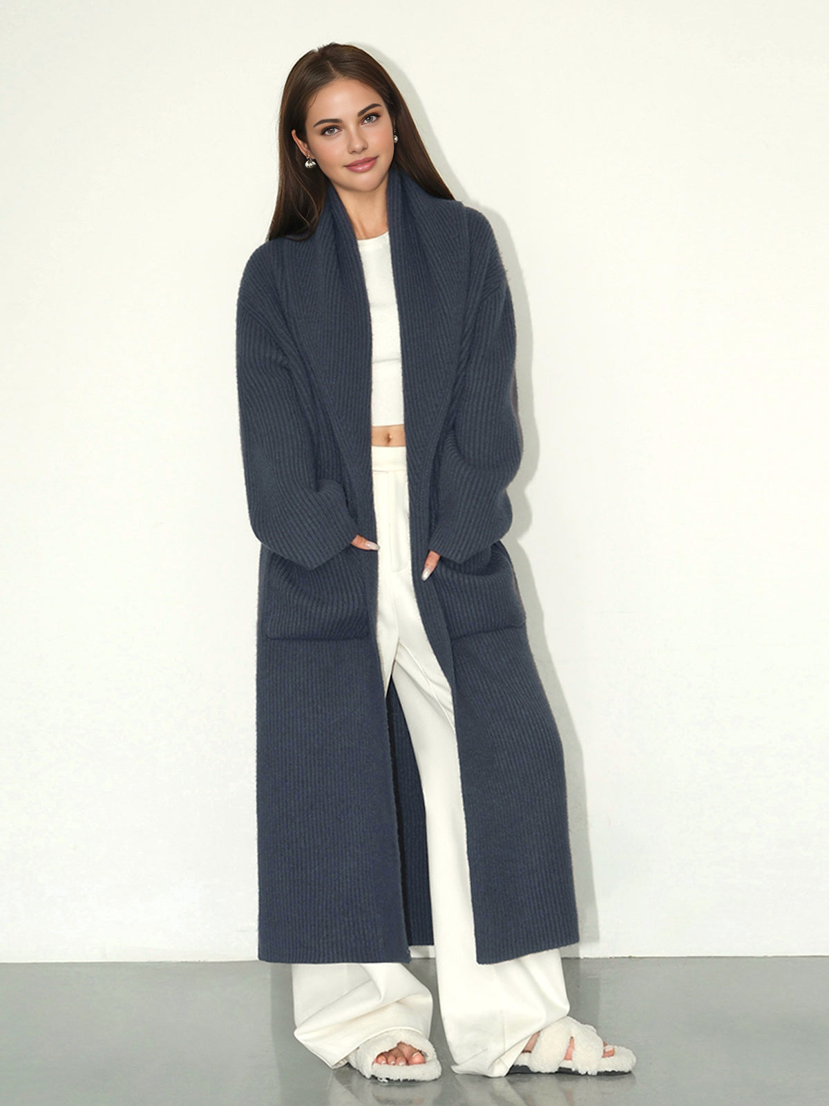 Plain Ribbed Pockets Long Cardigan