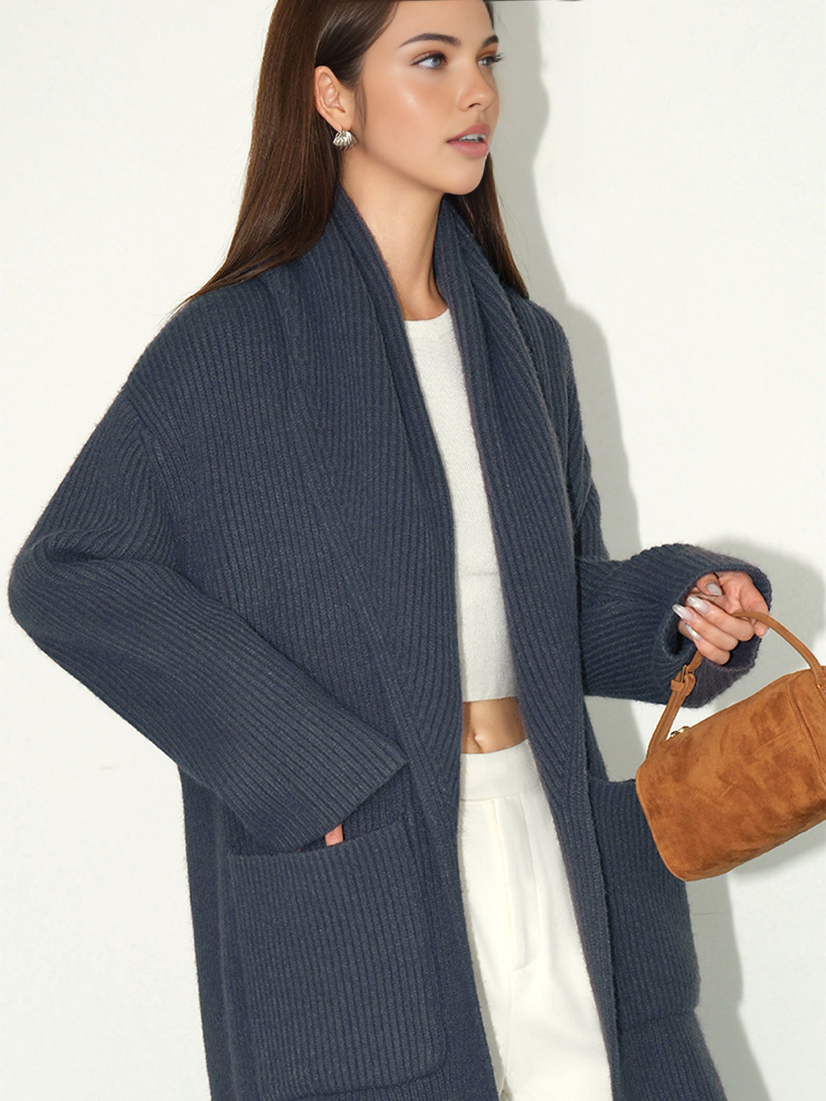 Plain Ribbed Pockets Long Cardigan