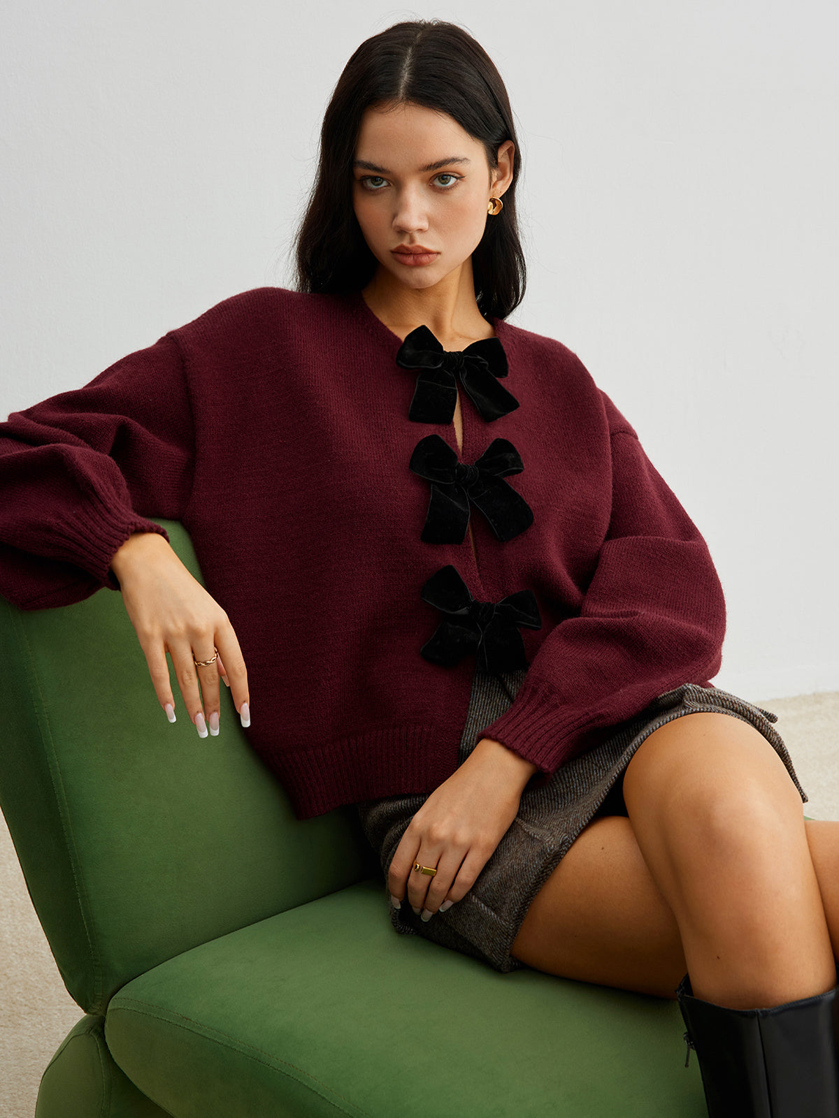 Velvet-Bow Lantern Sleeve Sweater