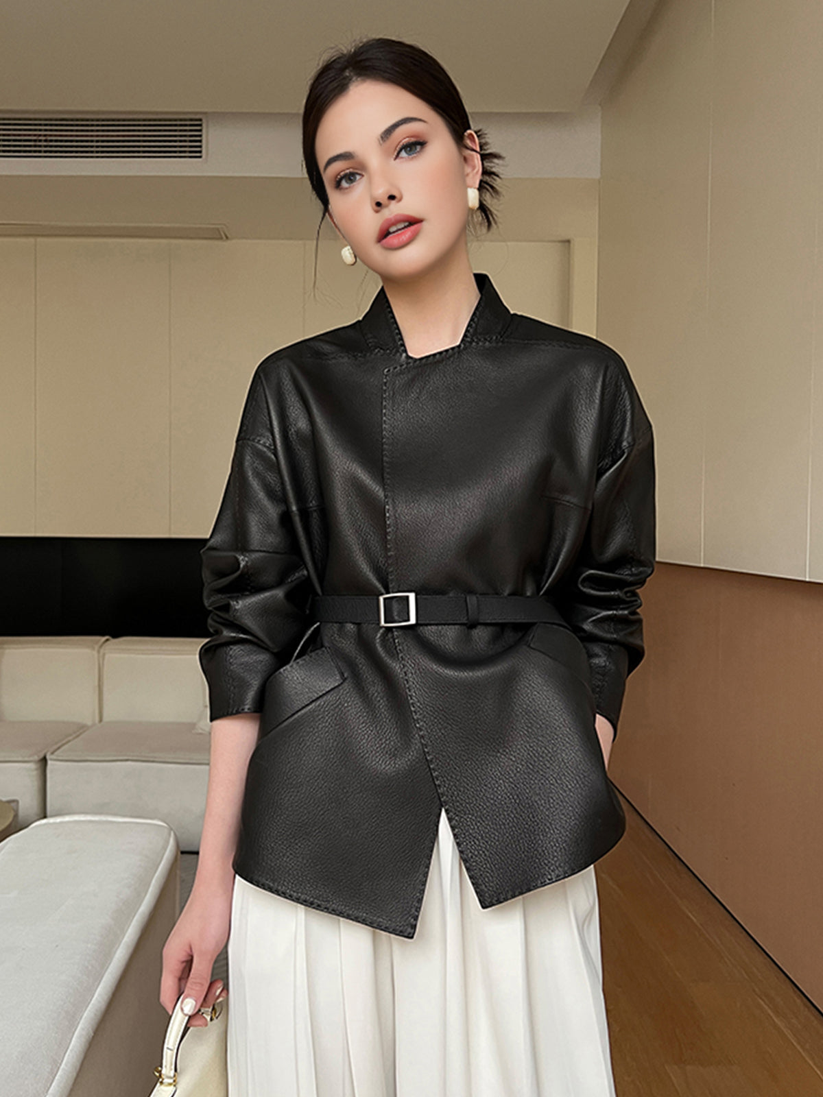 Stand Collar Belted Faux Leather Jacket