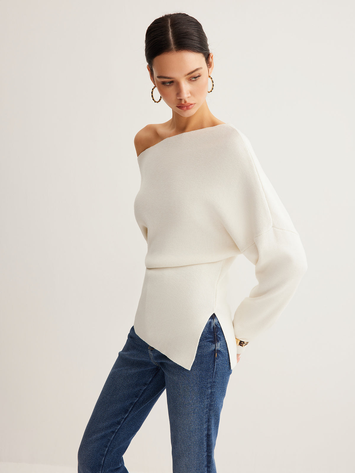 Wool-Blend Asymmetrical Neck Knit Top