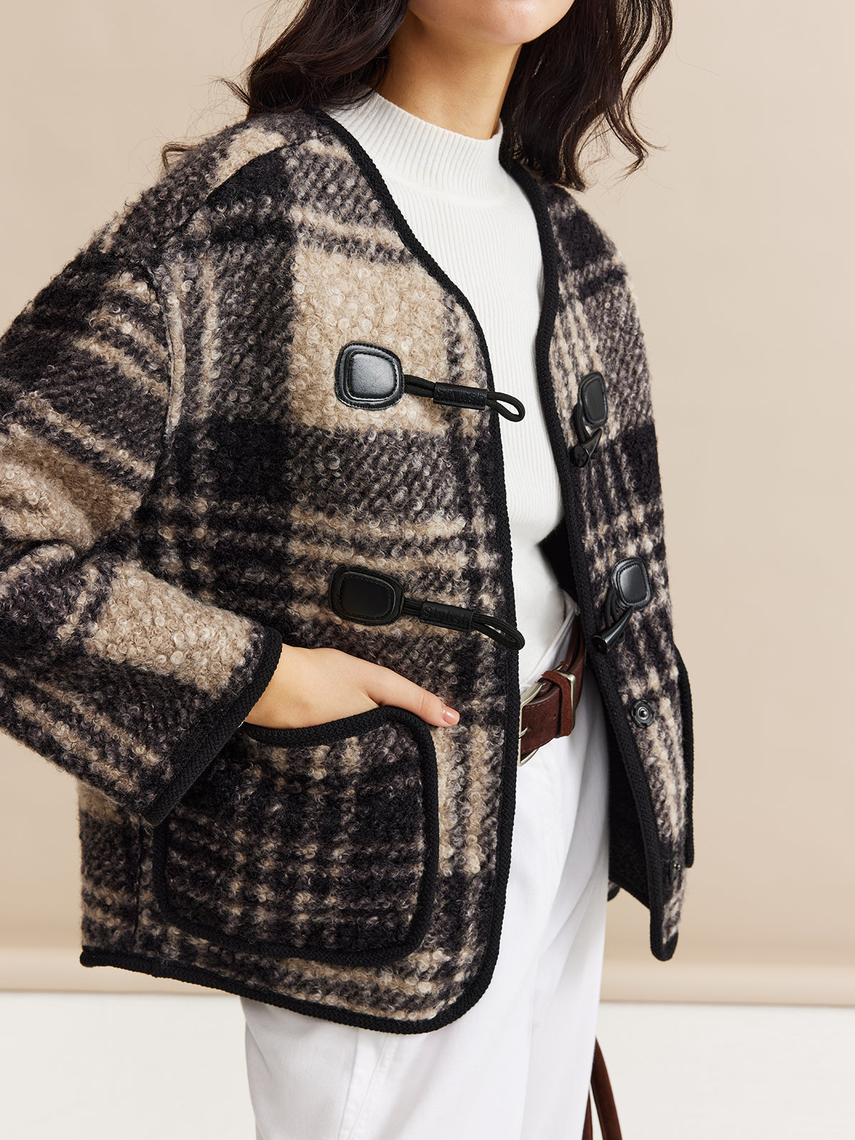 Contrast Trim Checked Tweed Coat