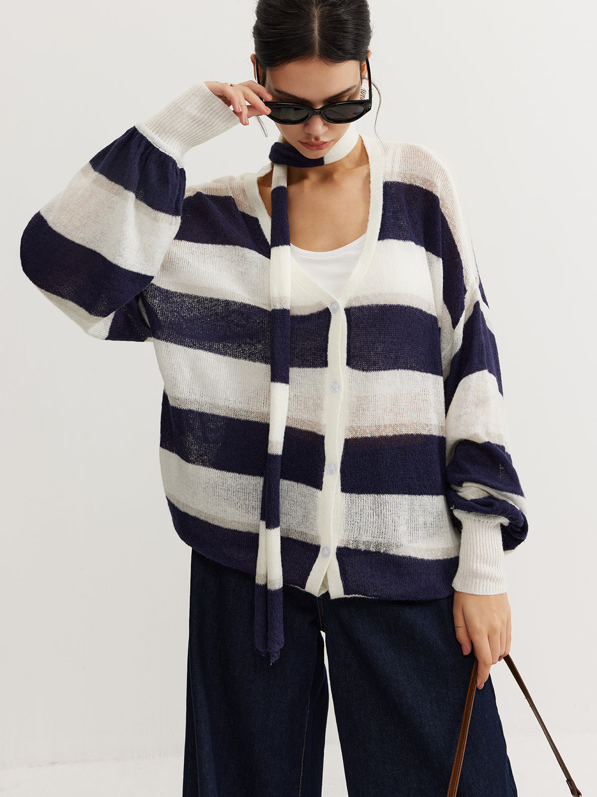 Striped Breasted Thin Cardigan With Scarf