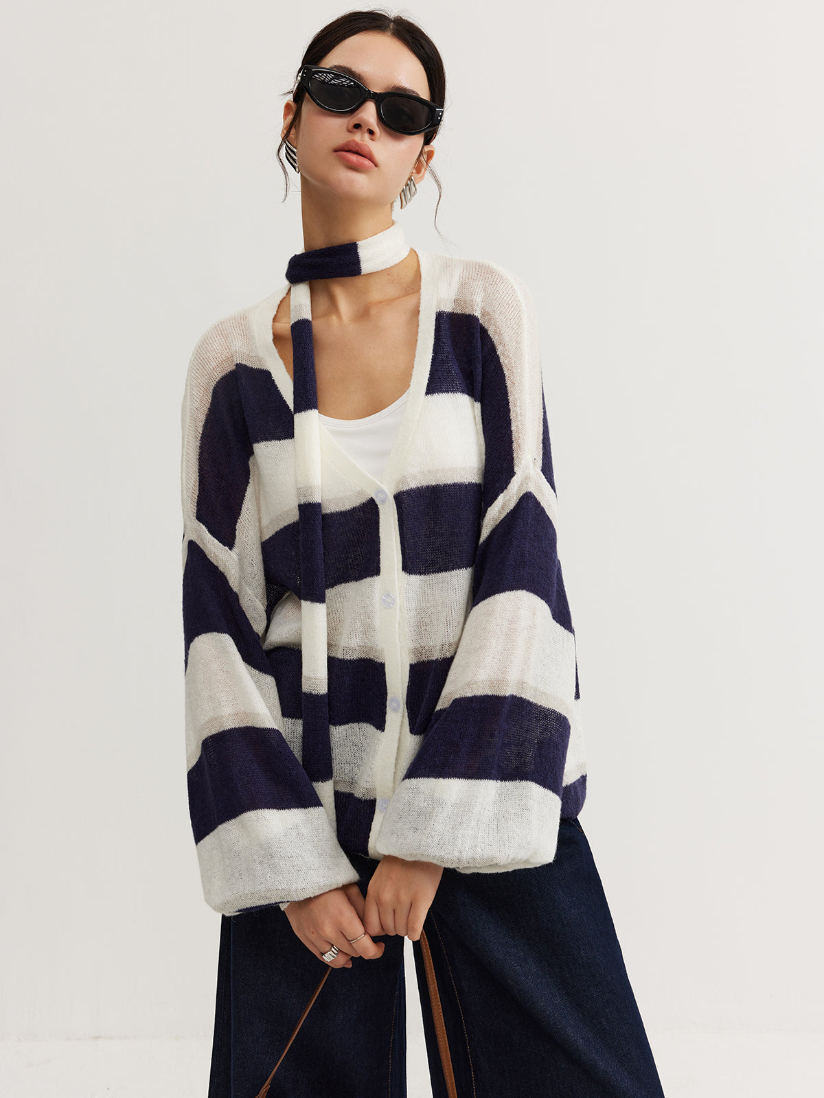 Striped Breasted Thin Cardigan With Scarf