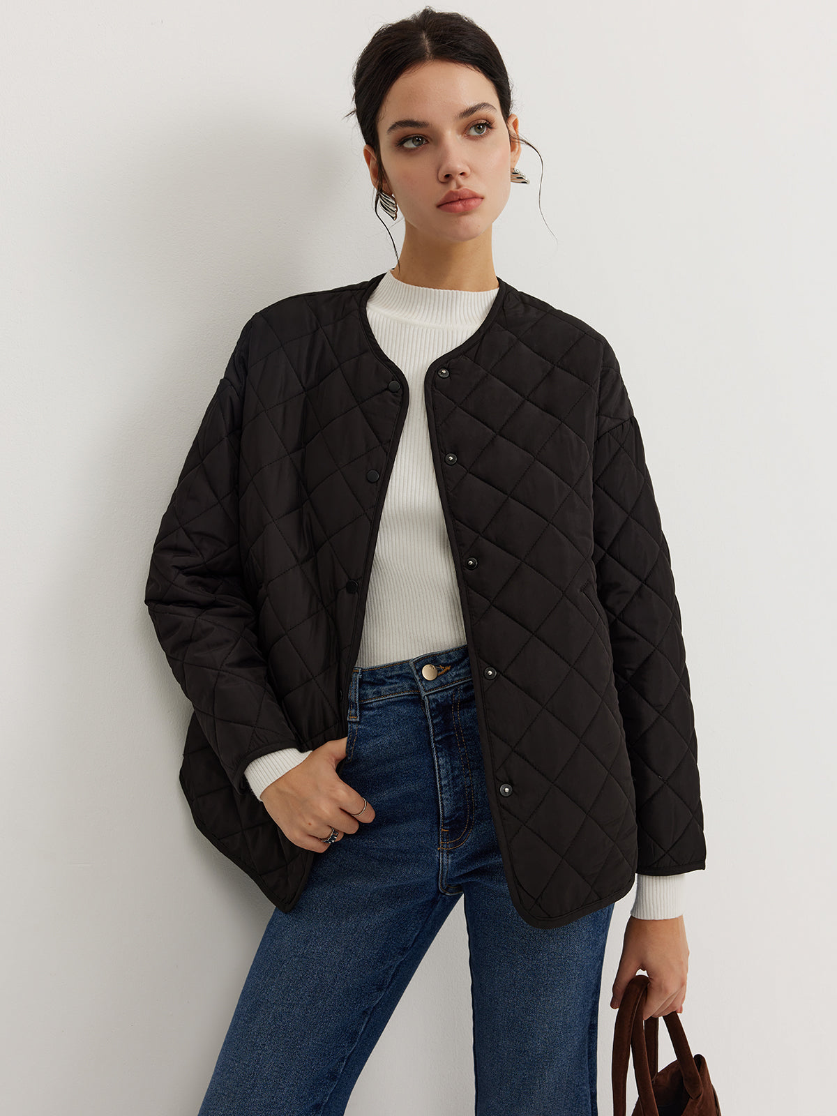 Plain Quilted Button Winter Coat With Scarf