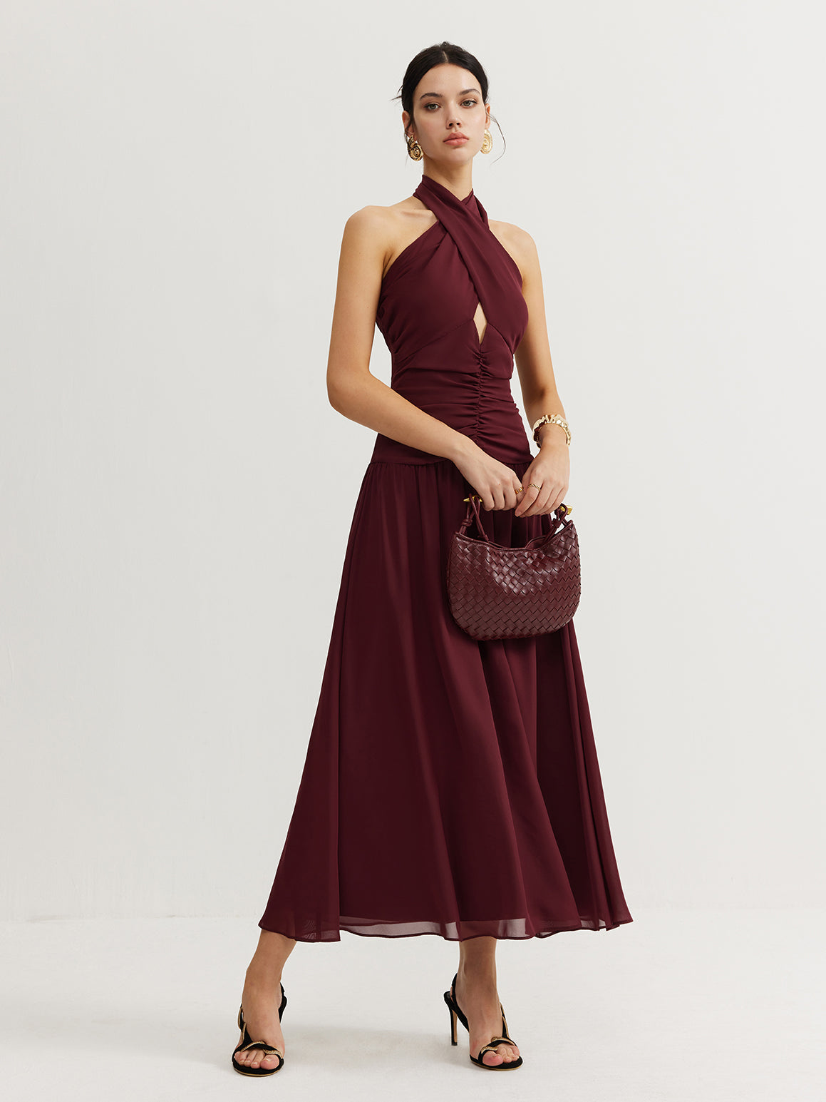 Cross-Over Halter Pleated Long Dress