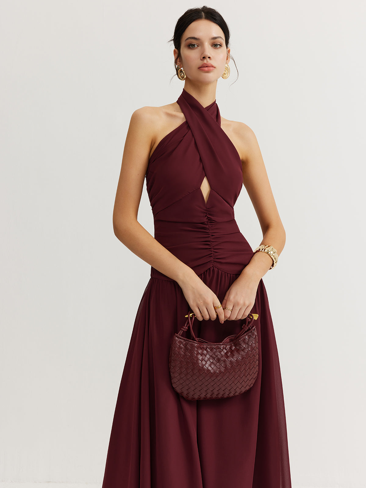 Cross-Over Halter Pleated Long Dress