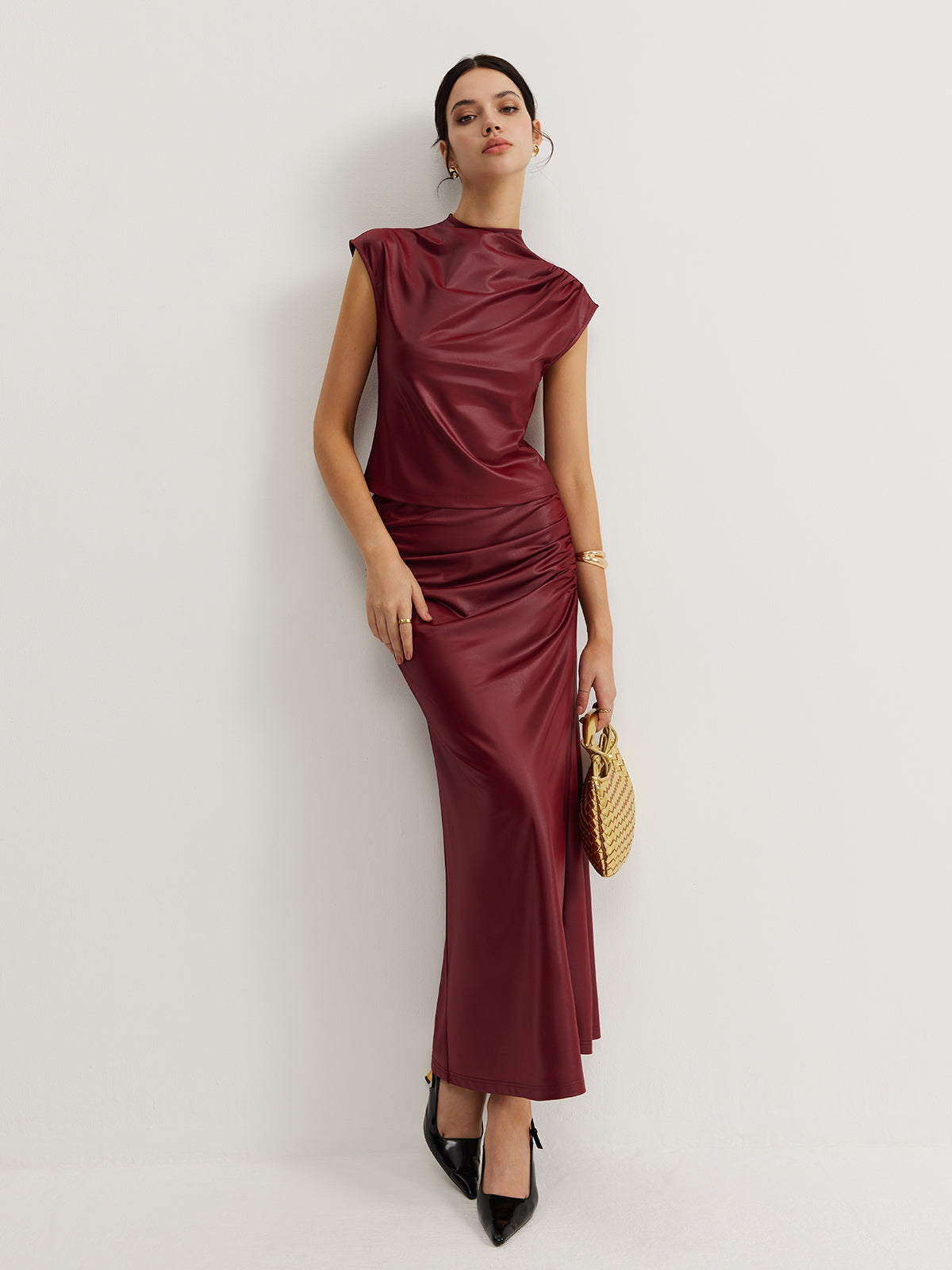 Plain Sleeveless Ruched Skirt Set