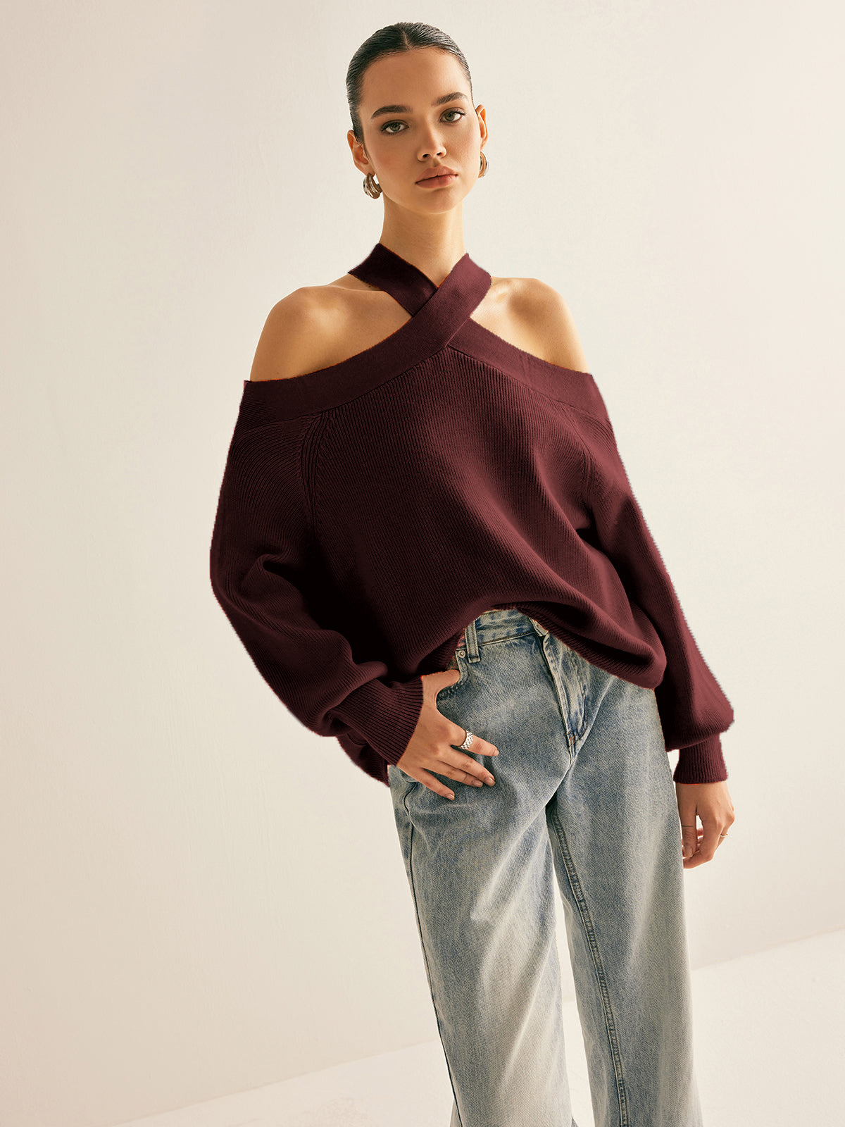 Cross-Over Collar Cold-Shoulder Sweater