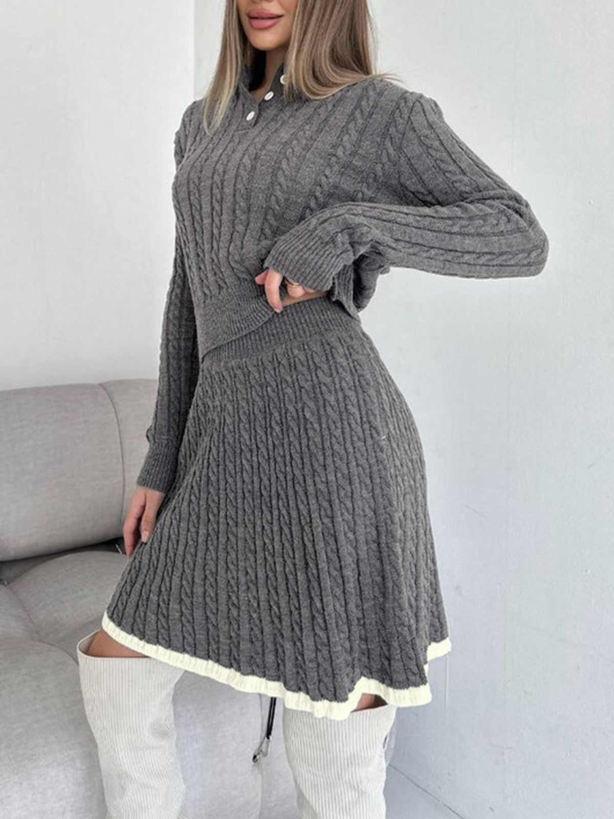 Contrast Trim Cable-Knit Lapel Skirt Set