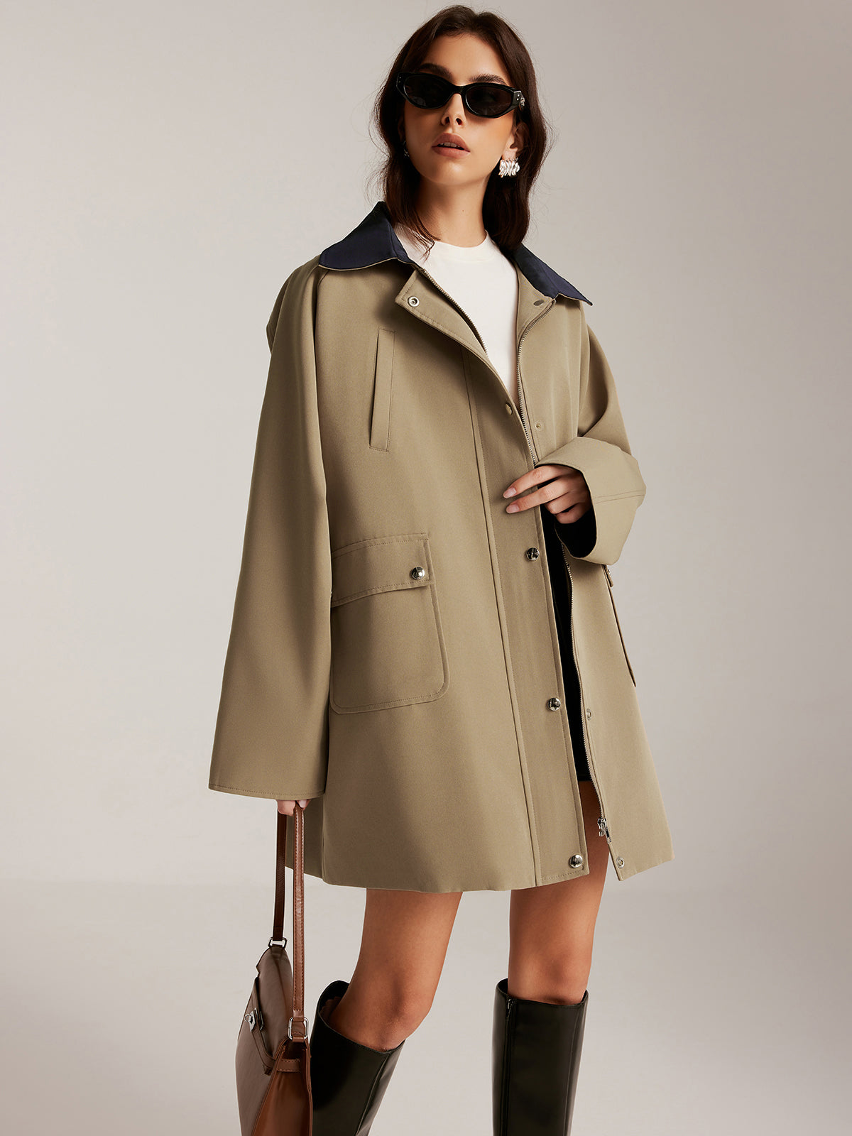 Contrast-Collar Zipper Loose Trench Coat