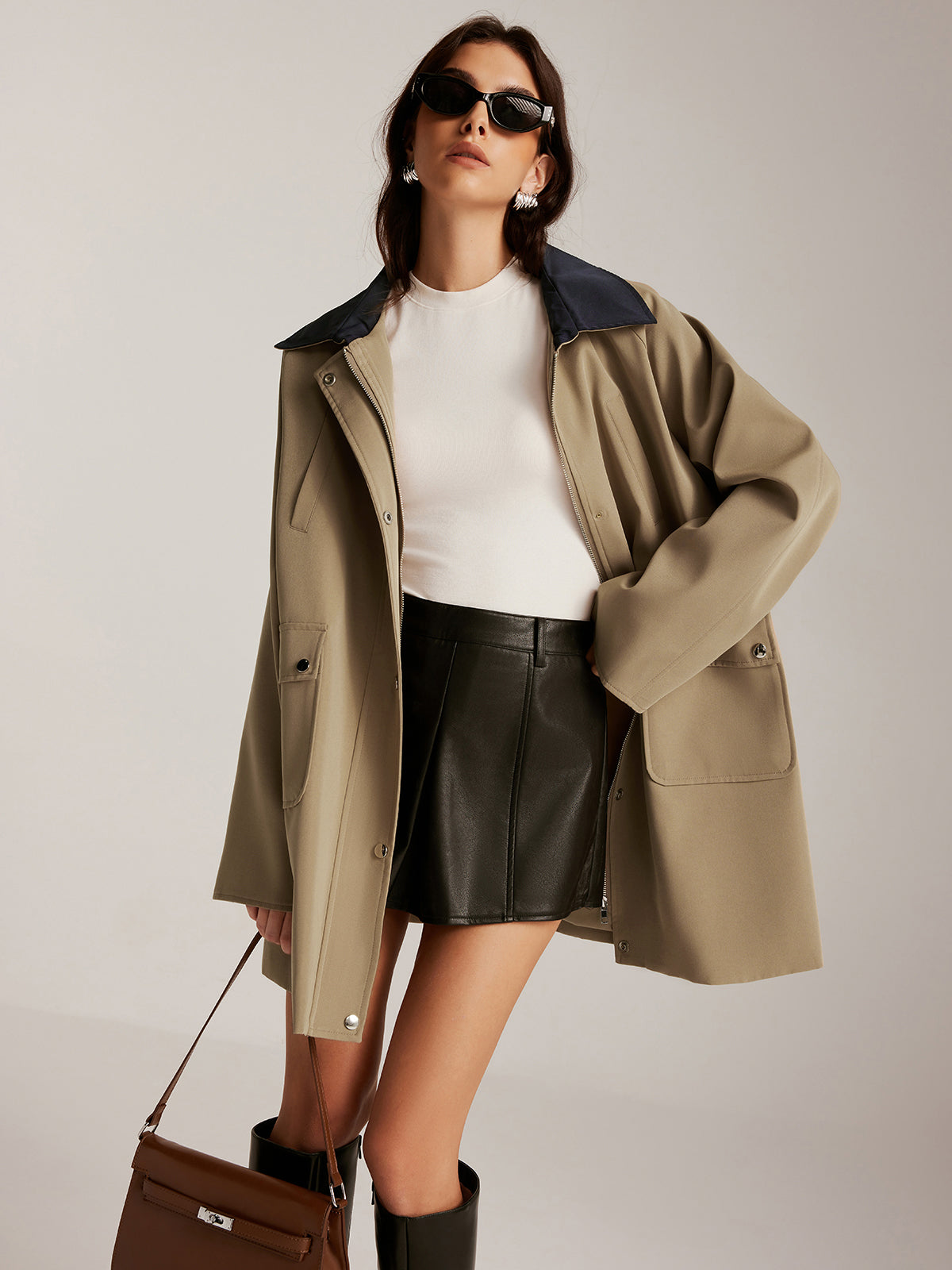 Contrast-Collar Zipper Loose Trench Coat