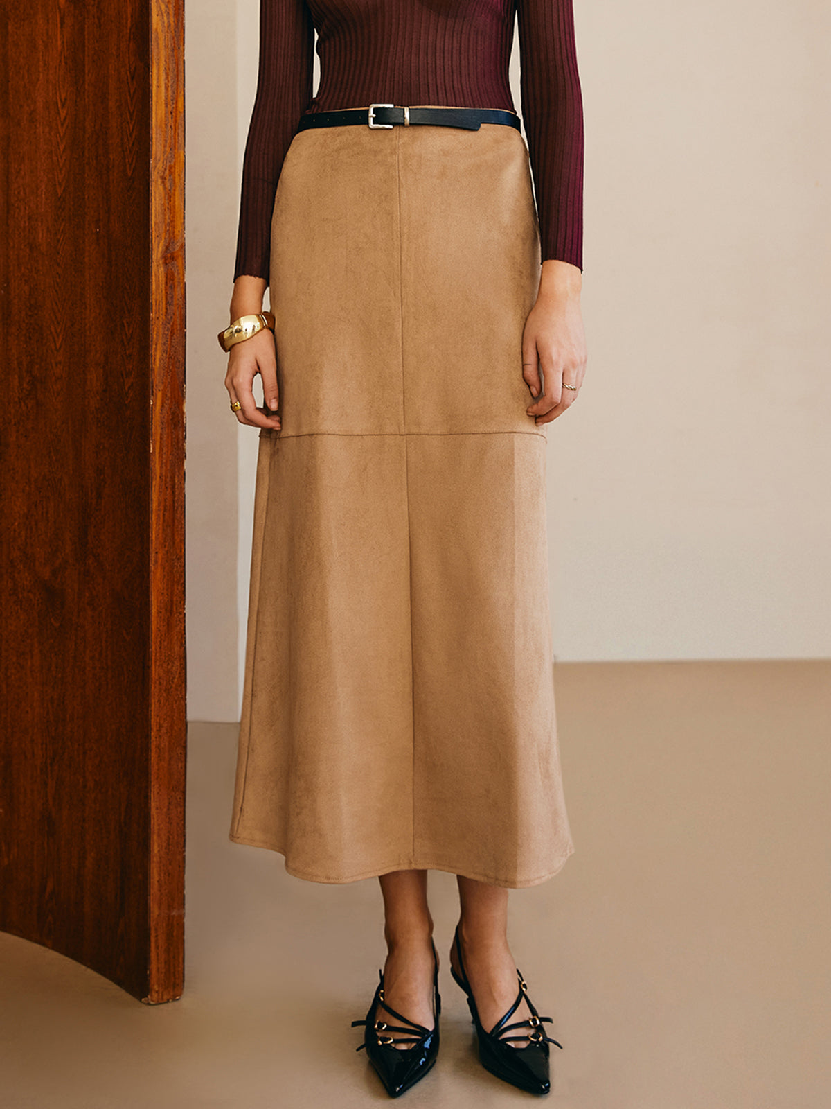 Suede Straight Skirt Without Belt