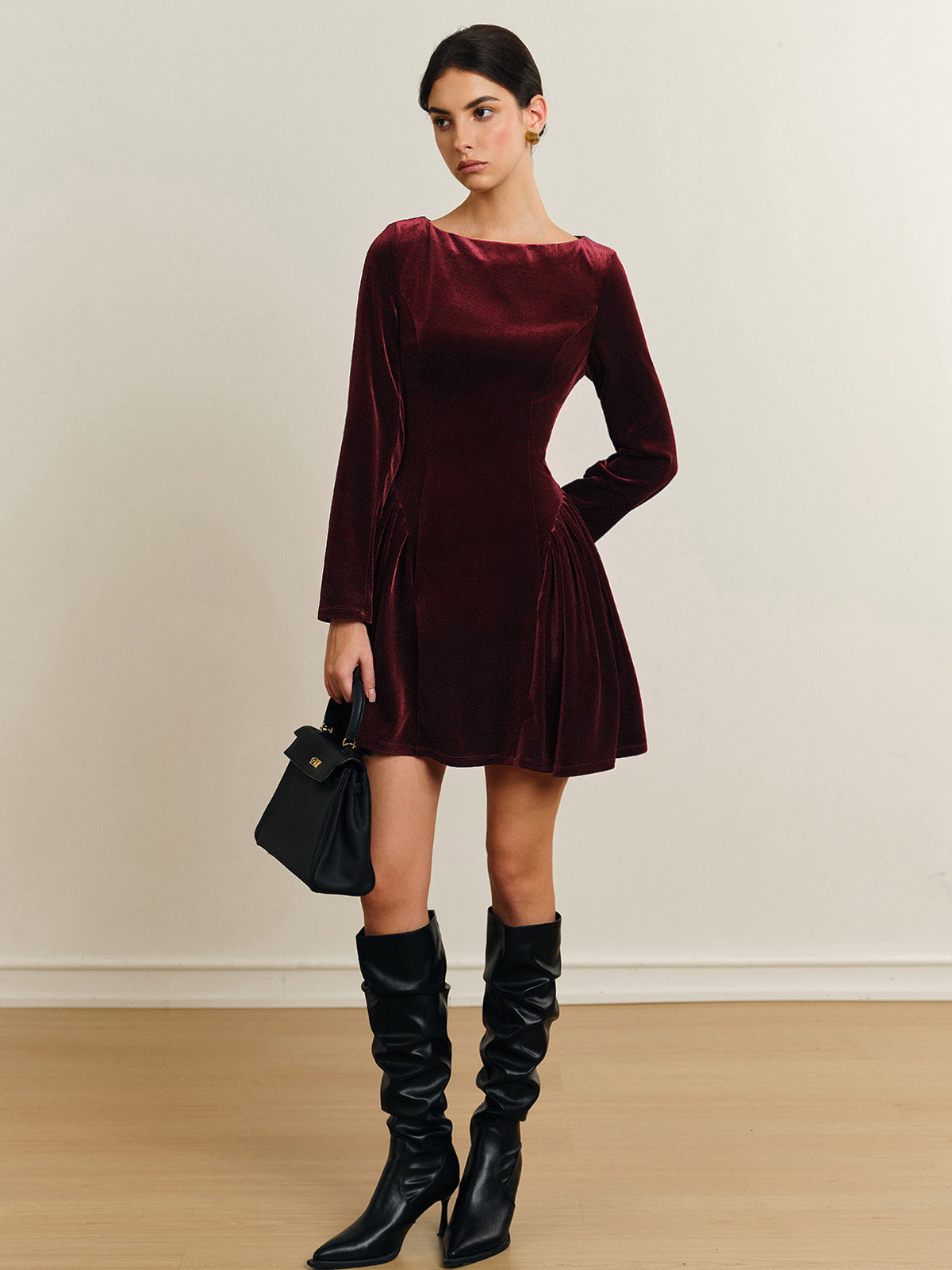 Pleated Panel Velvet Dress