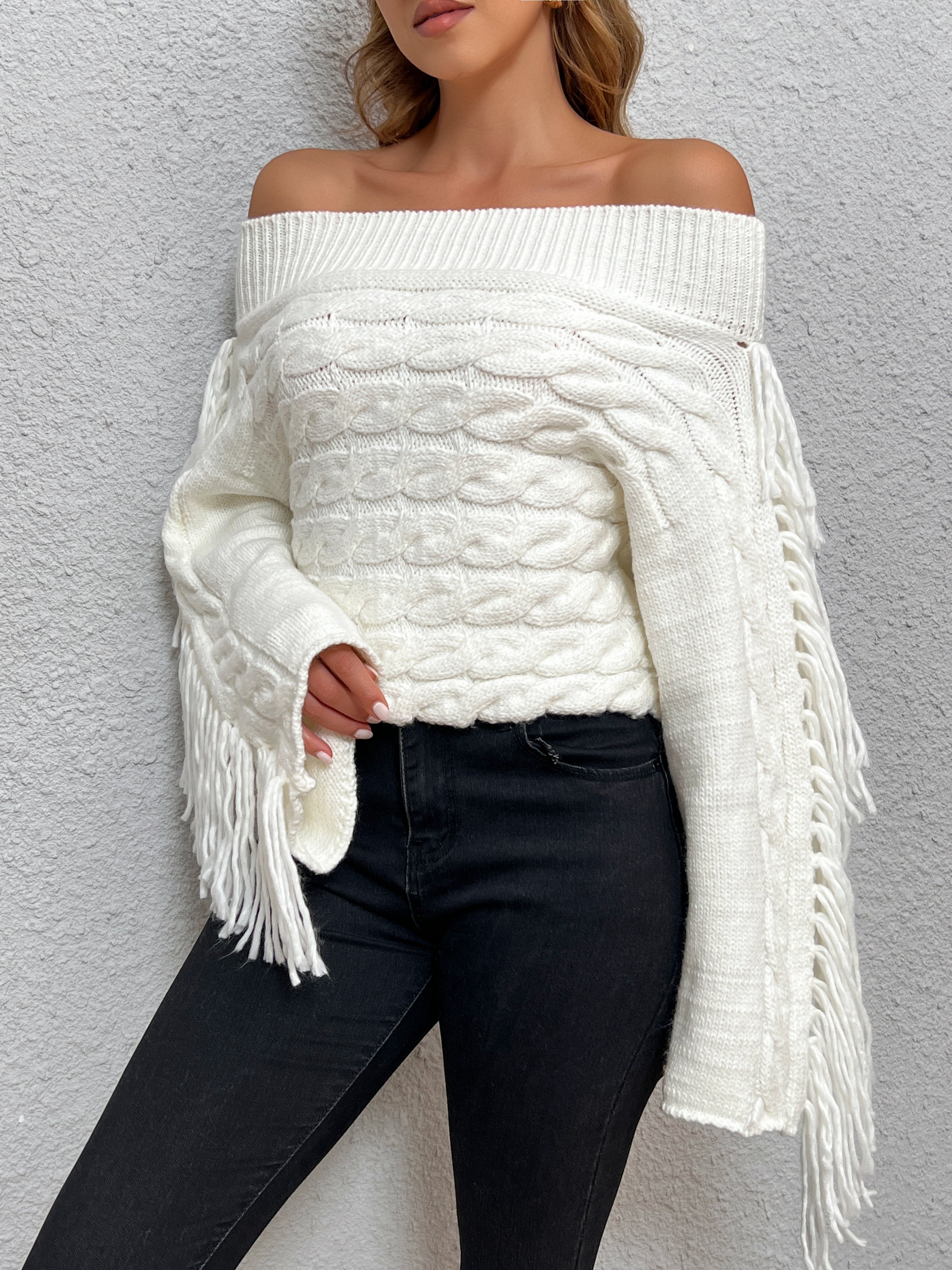 Beheme Off-Shoulder Tassel Sweater