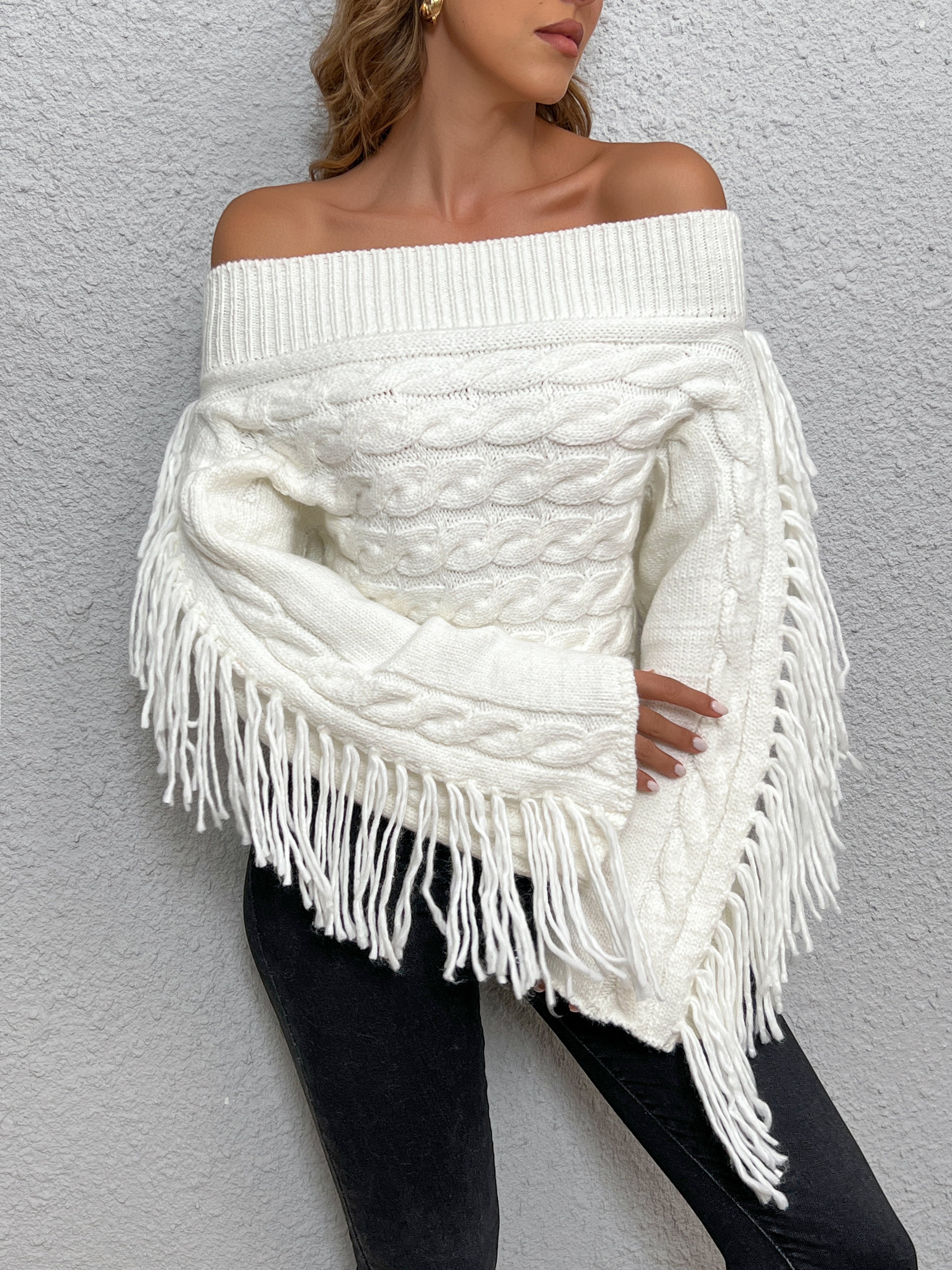 Beheme Off-Shoulder Tassel Sweater