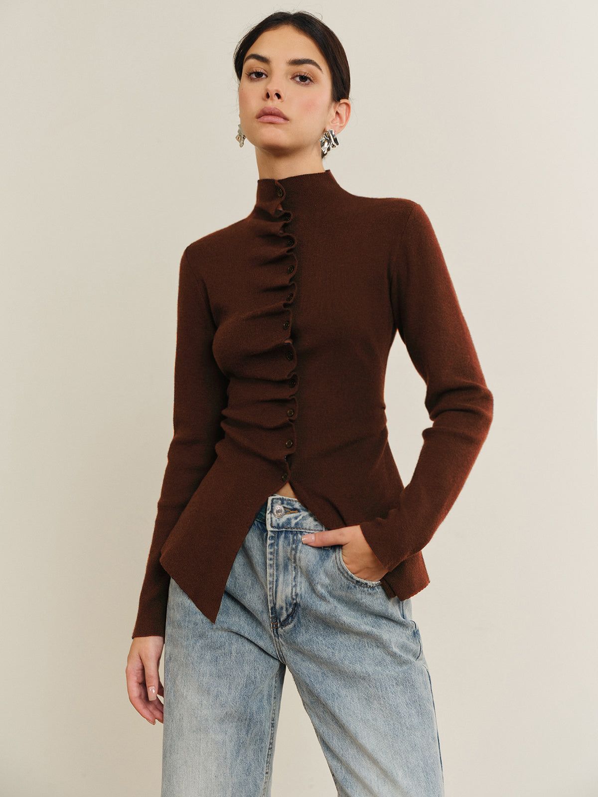 Button Pleated Split Knit Top