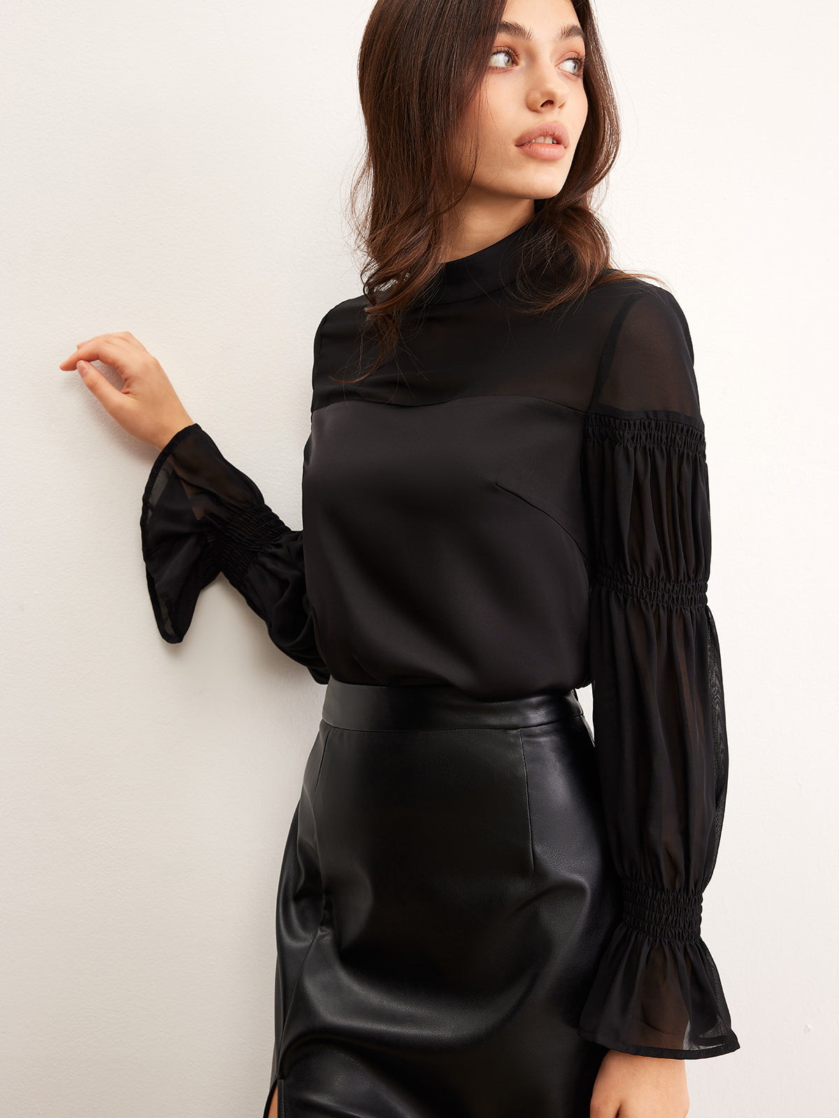 Stand Collar Chiffon Panel Blouse