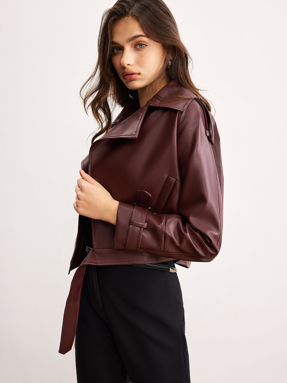 Faux Leather Belted Short Jacket