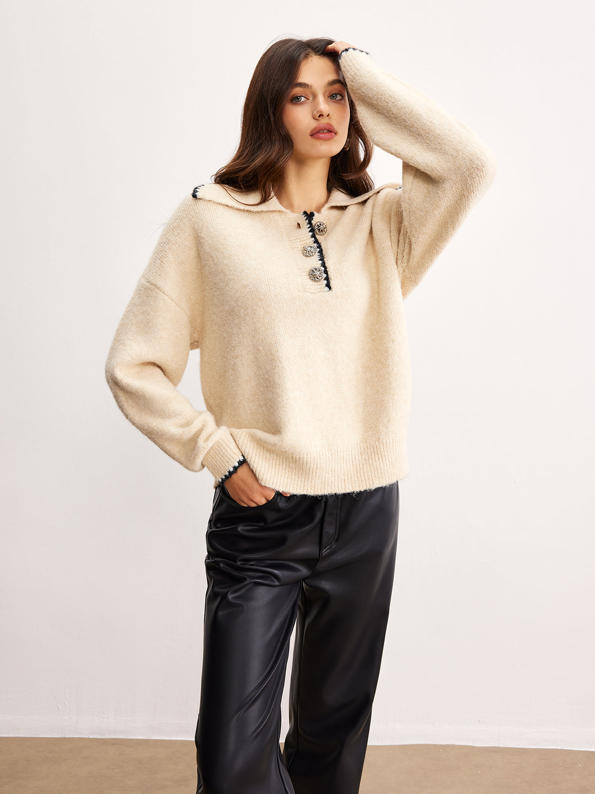 Wool-Blend Embroidered Trim Button Sweater