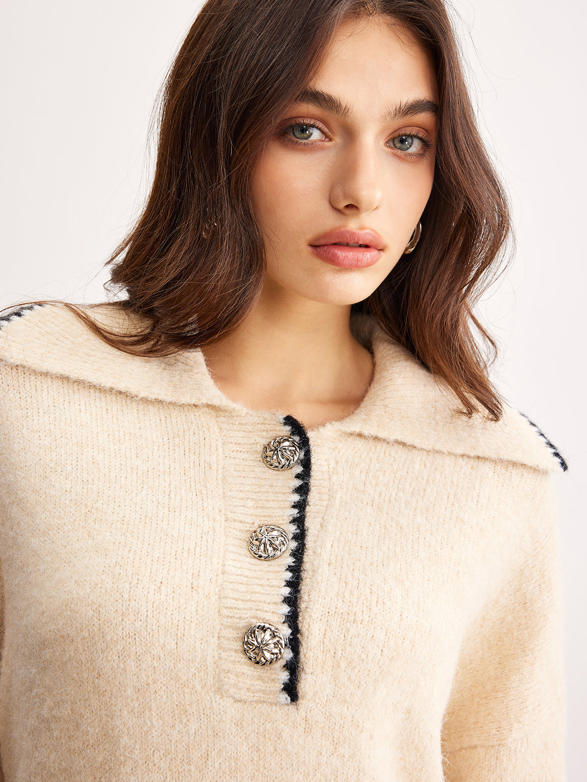 Wool-Blend Embroidered Trim Button Sweater