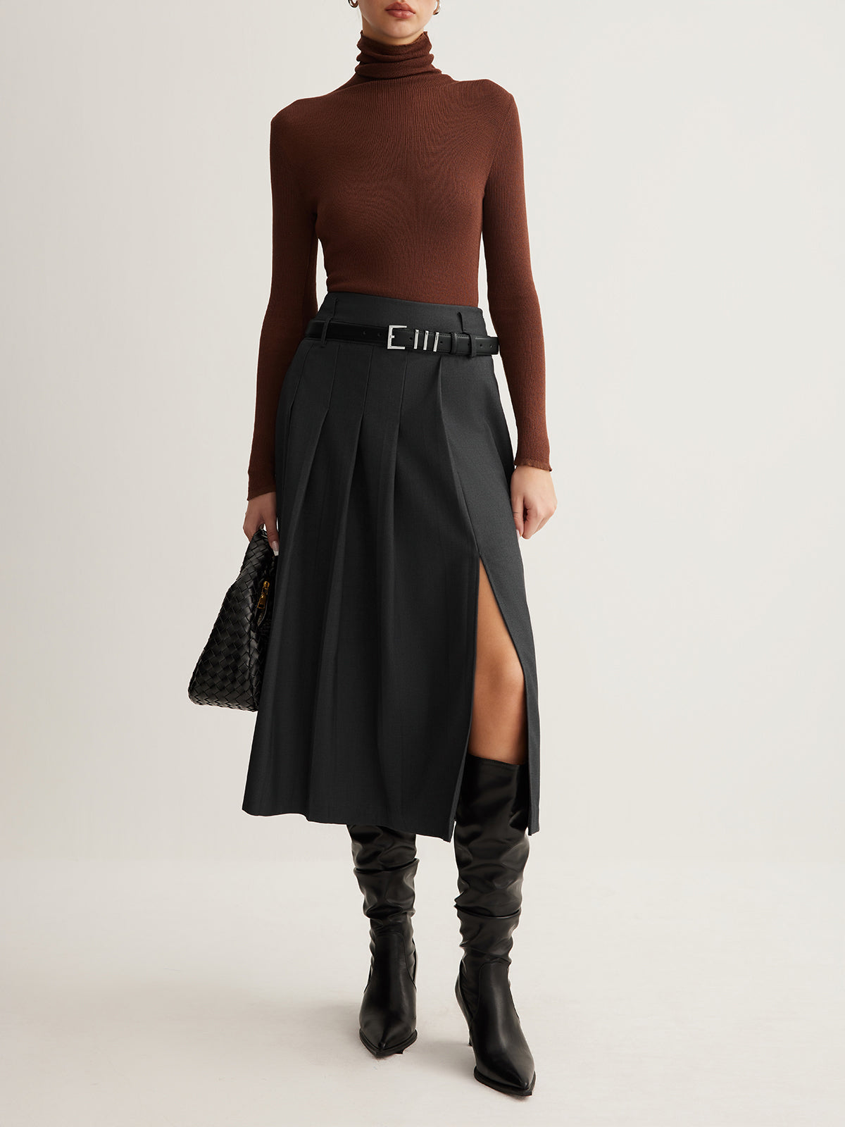 Side Split Pleated Skirt Without Belt