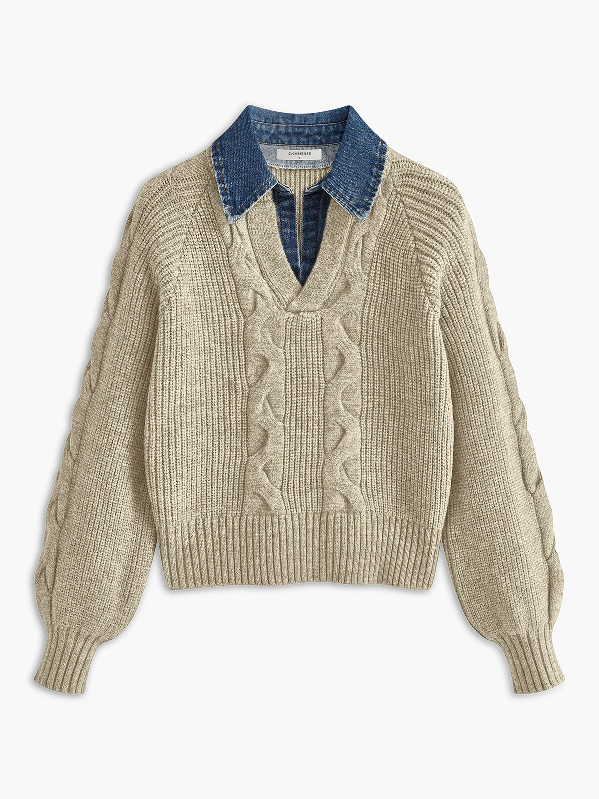 Denim Panel Ribbed Lapel Sweater