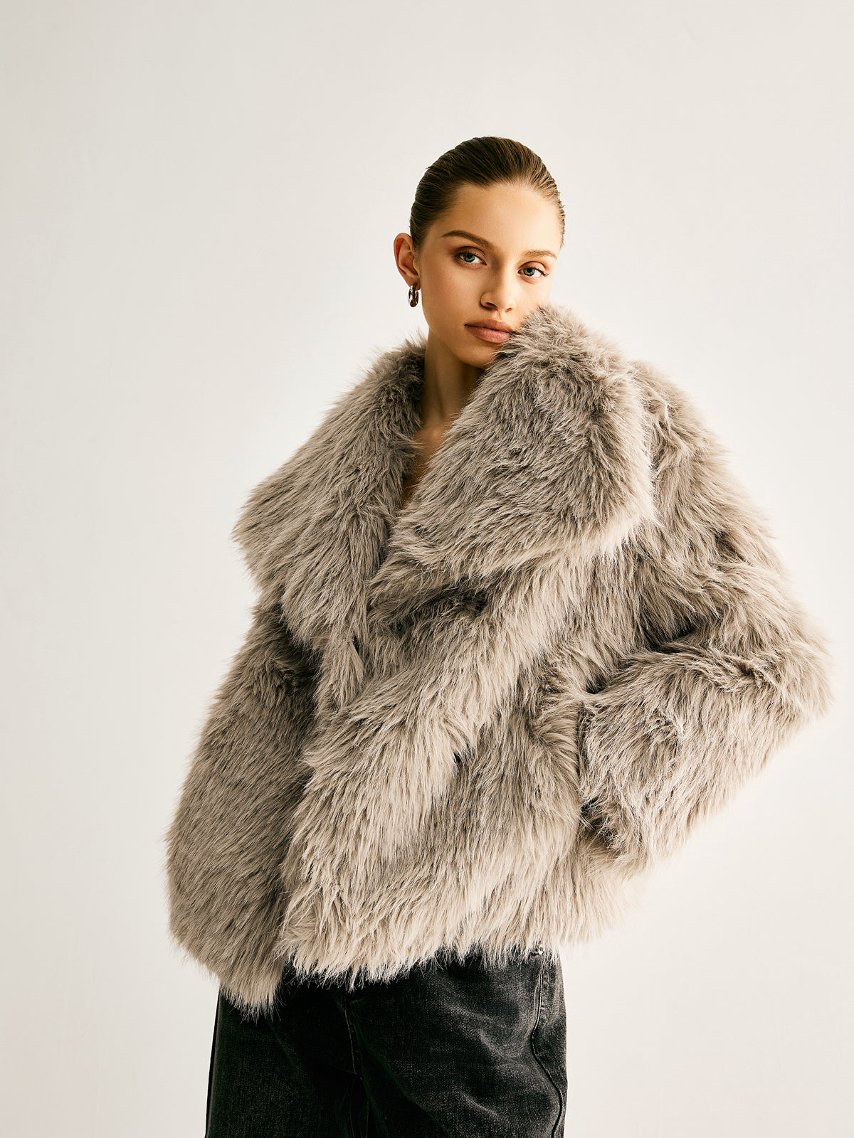 Lapel Pockets Faux Fur Coat