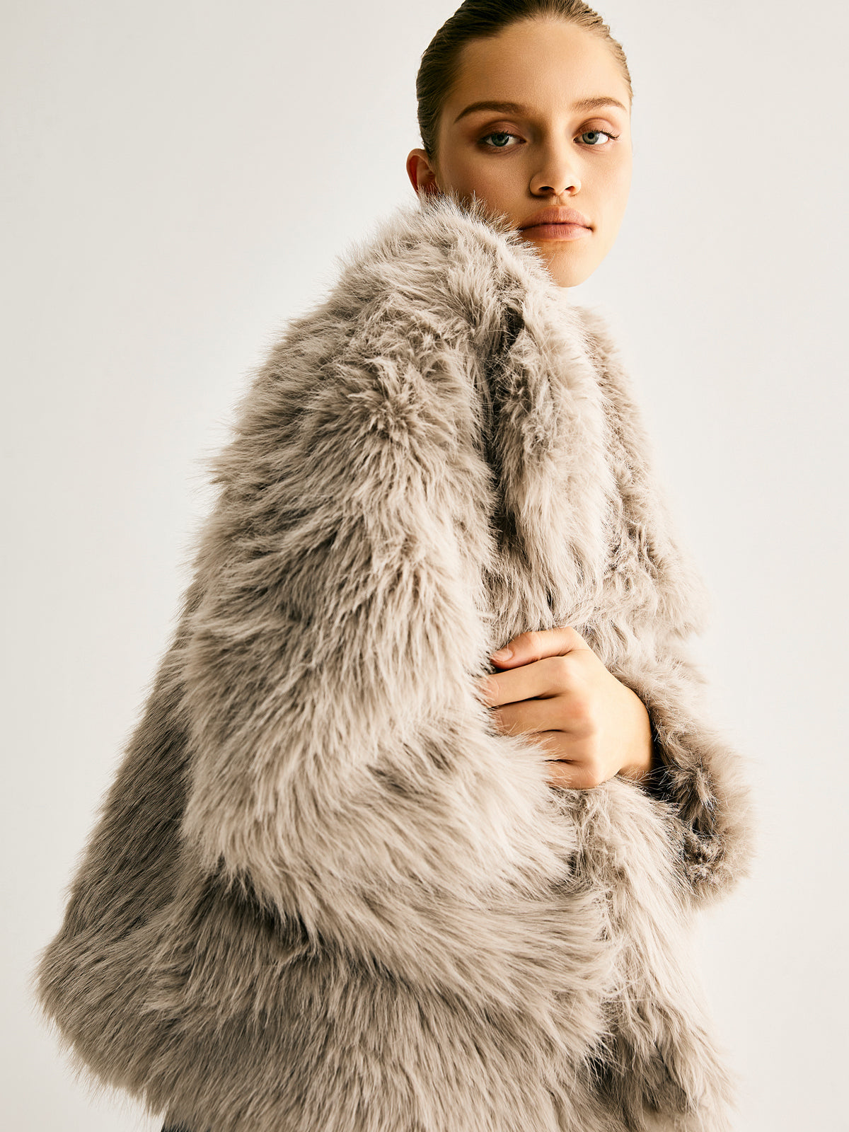 Lapel Pockets Faux Fur Coat