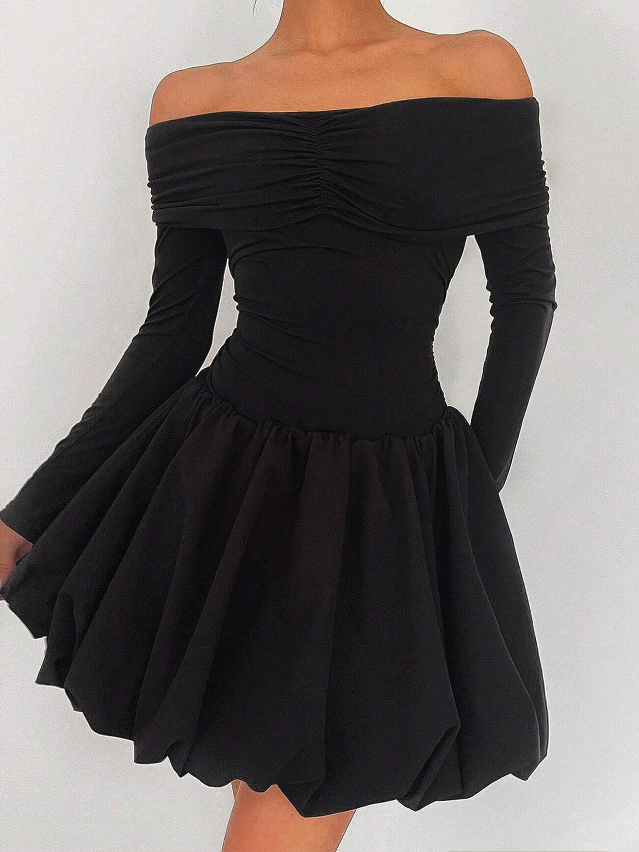 Straight-Shoulder Bud Waist Jersey Dress