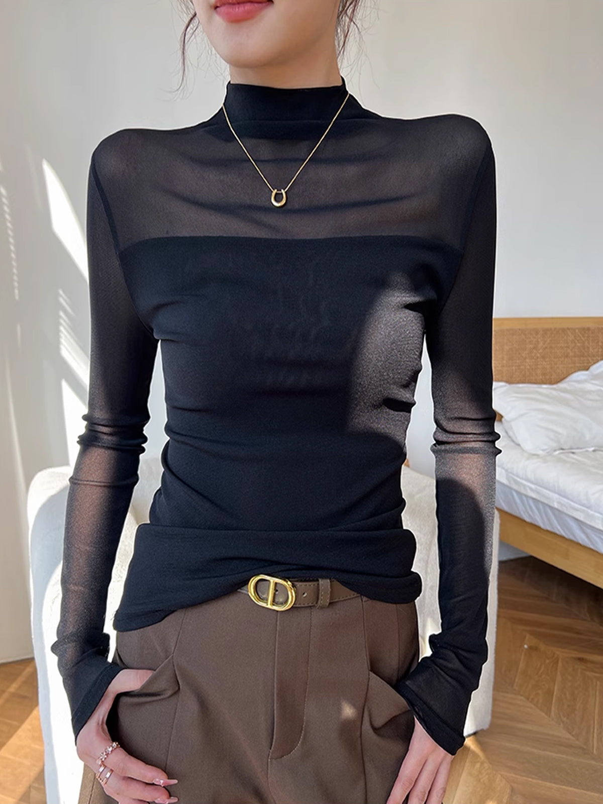 Mock Neck Sheer Mesh Panel Blouse