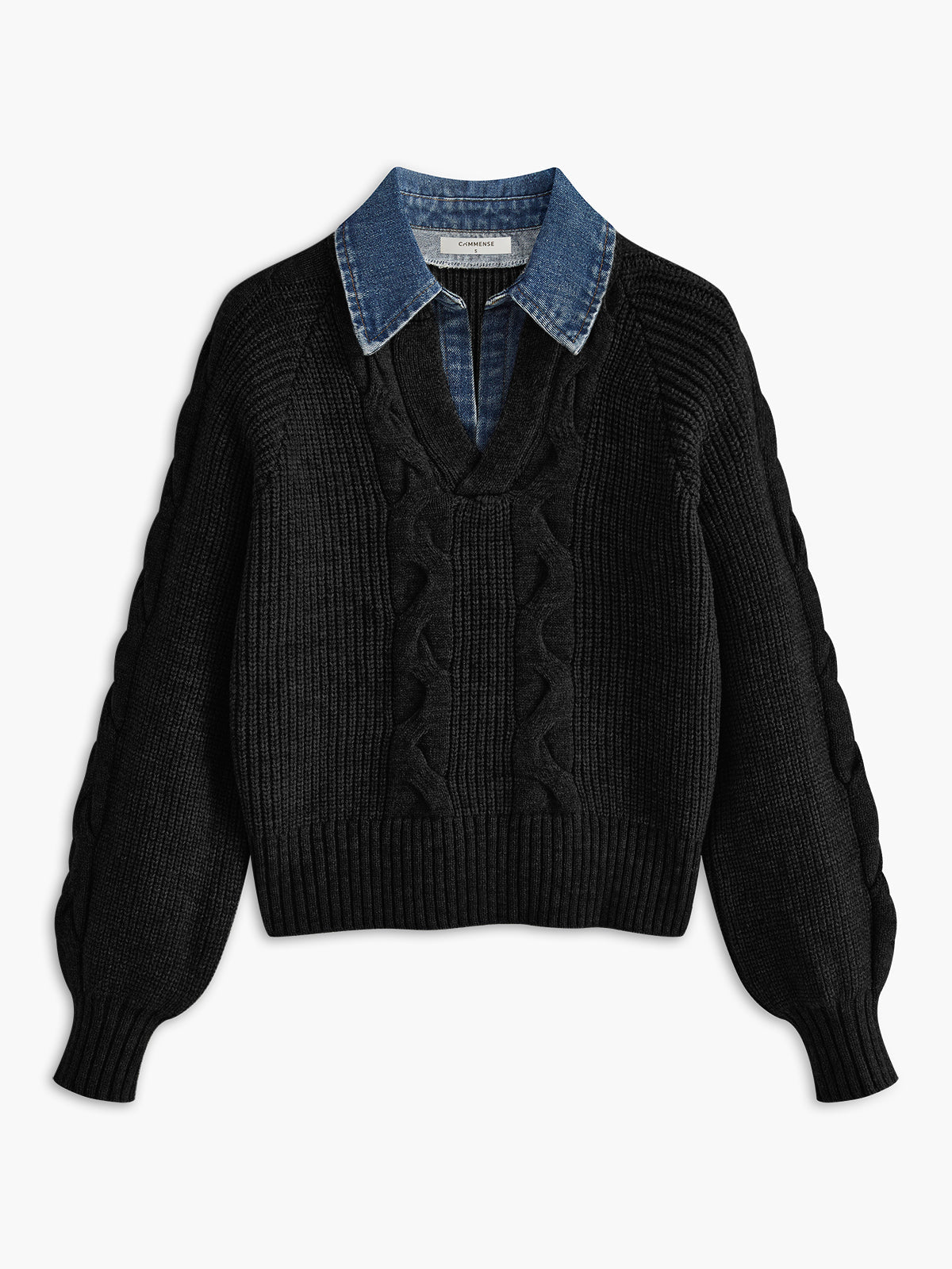 Denim Panel Ribbed Lapel Sweater