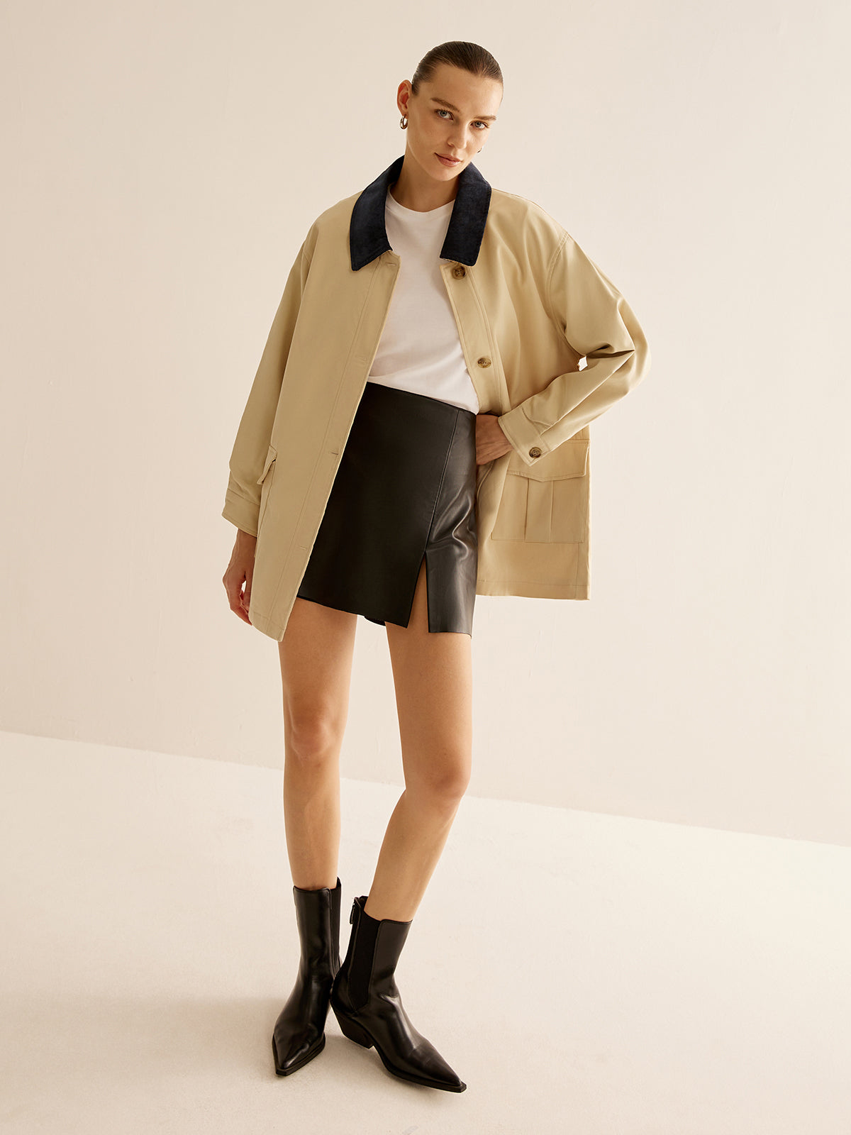 Cotton Contrast Collar Button Jacket