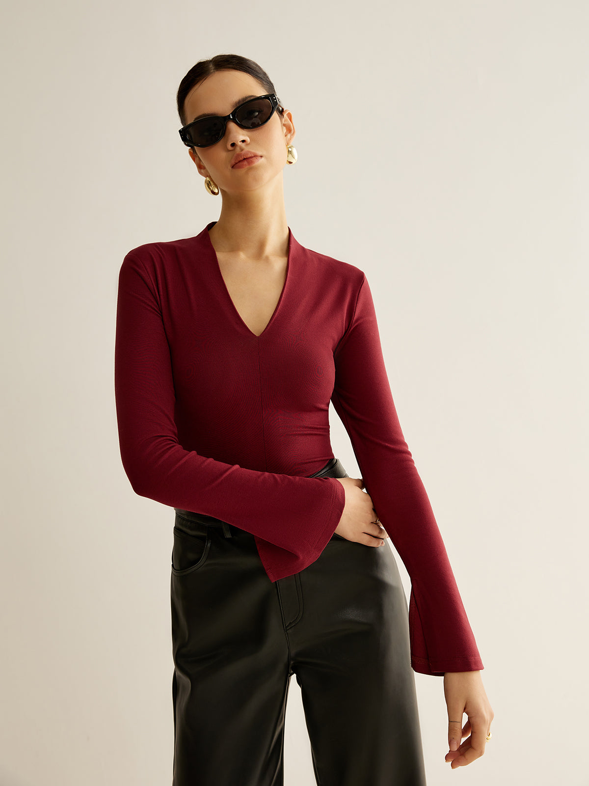 V-Neck Slit-Cuff Jersey Blouse