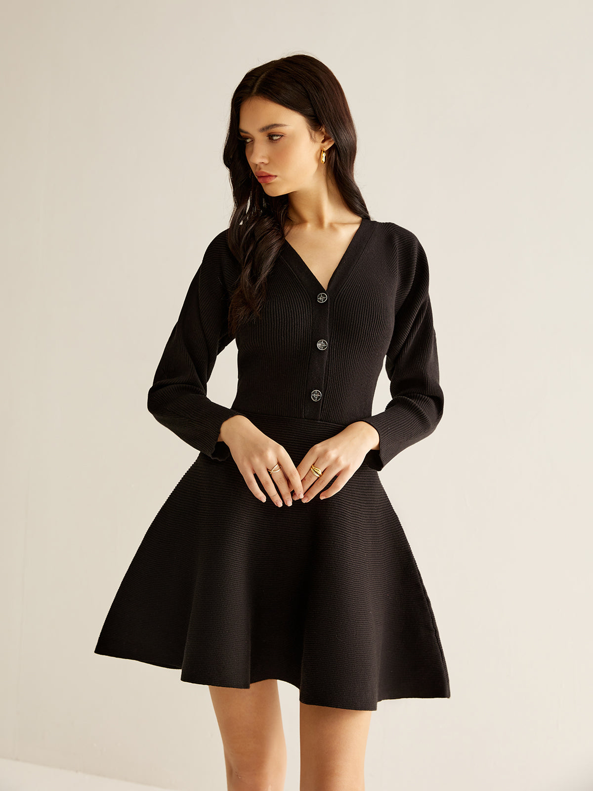 V-Neck Button Pleated Sweater Dress