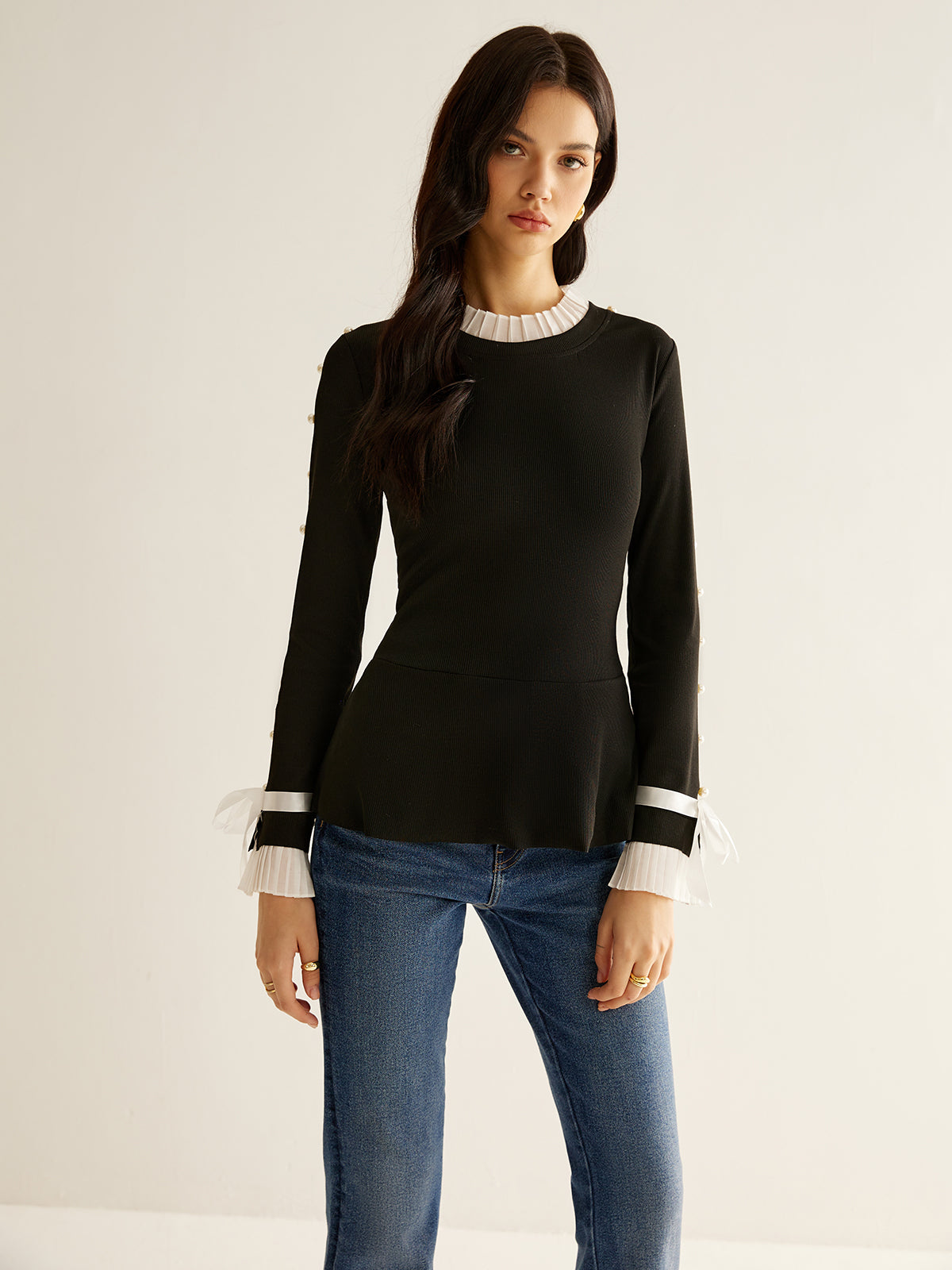 Pearl Decor Panel Pleated Blouse