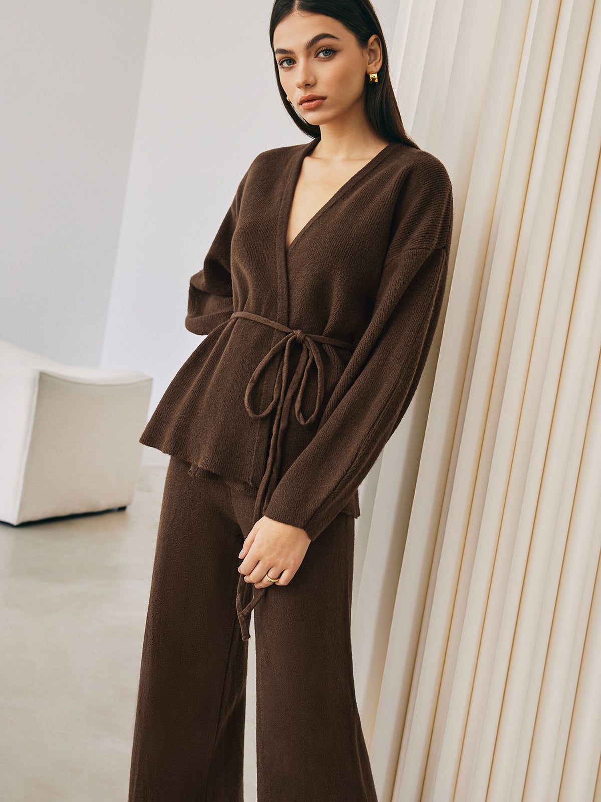 Wrap Belted Sweater Pants Set