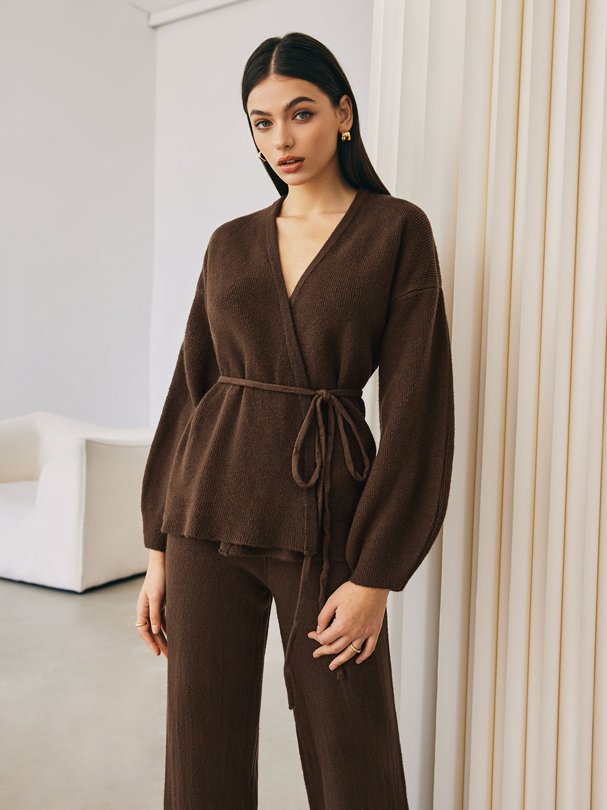 Wrap Belted Sweater Pants Set