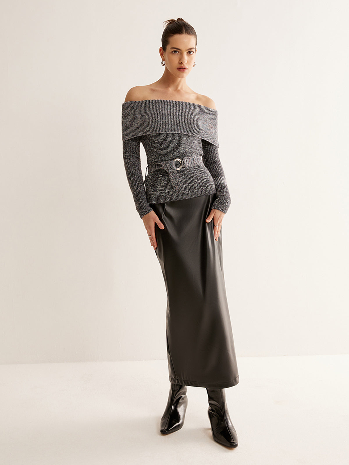 Off-Shoulder Belted Sweater