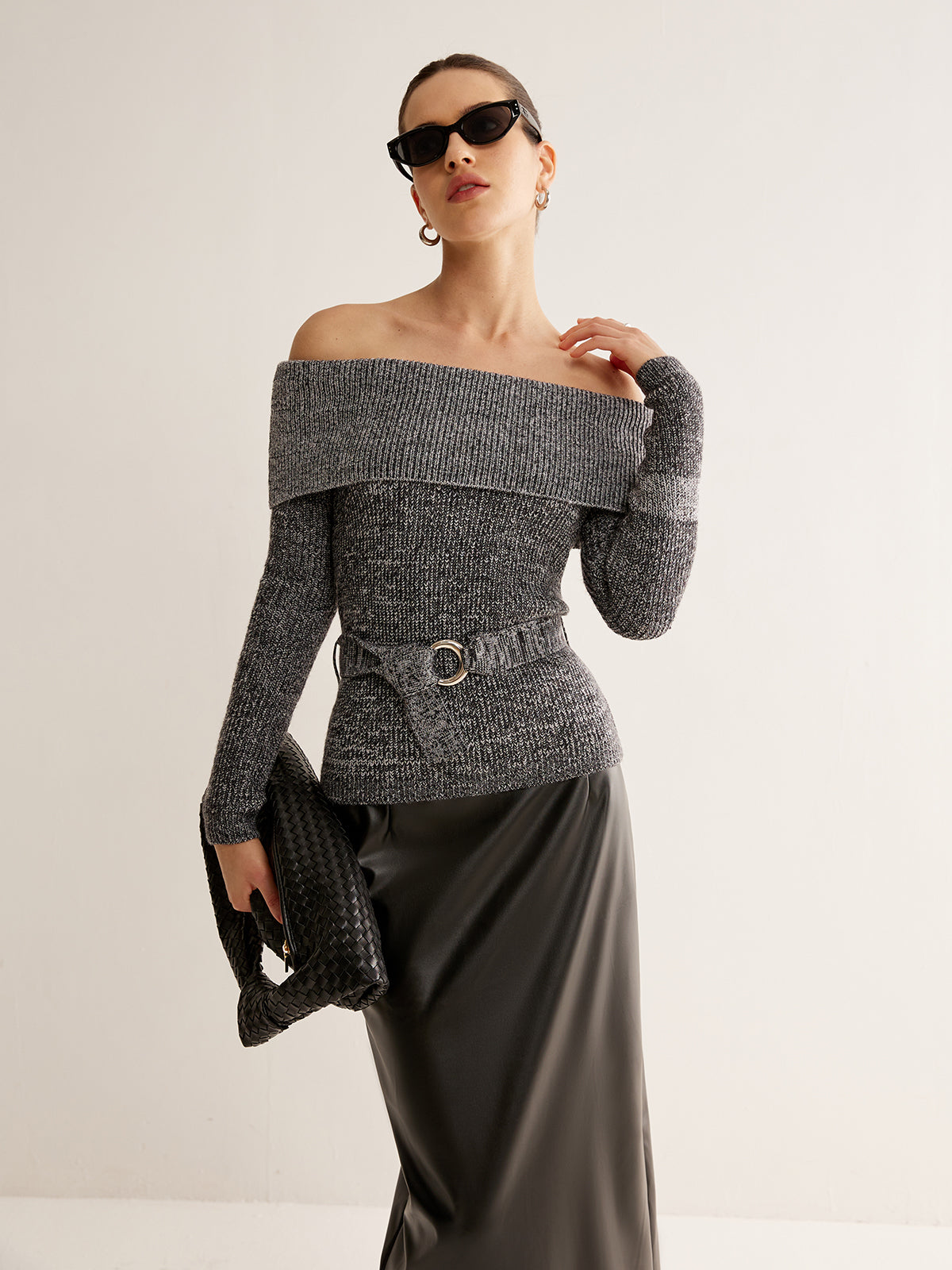 Off-Shoulder Belted Sweater